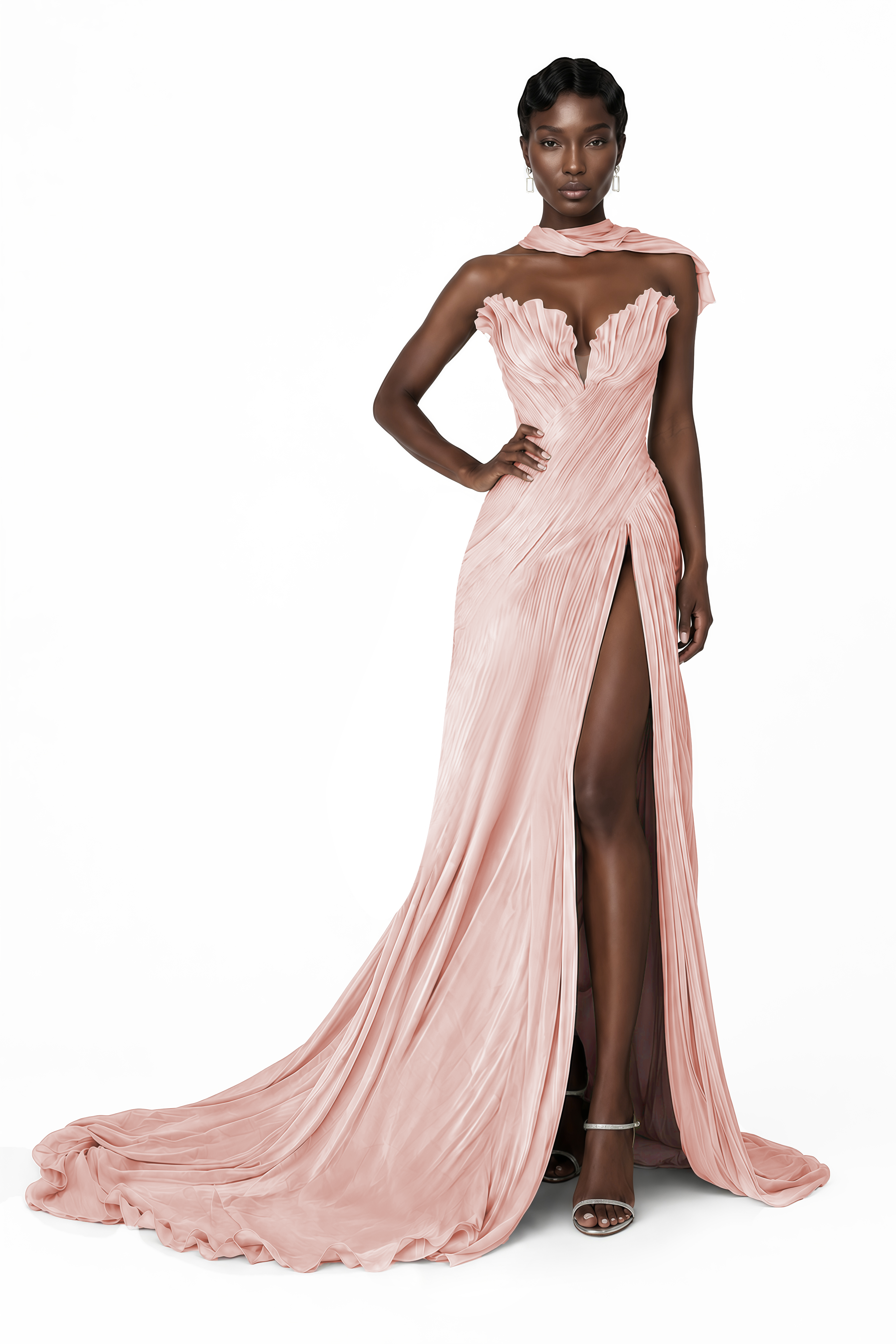 Solveig Pink Off Shoulder Pleated Maxi Dress with Hign Slit