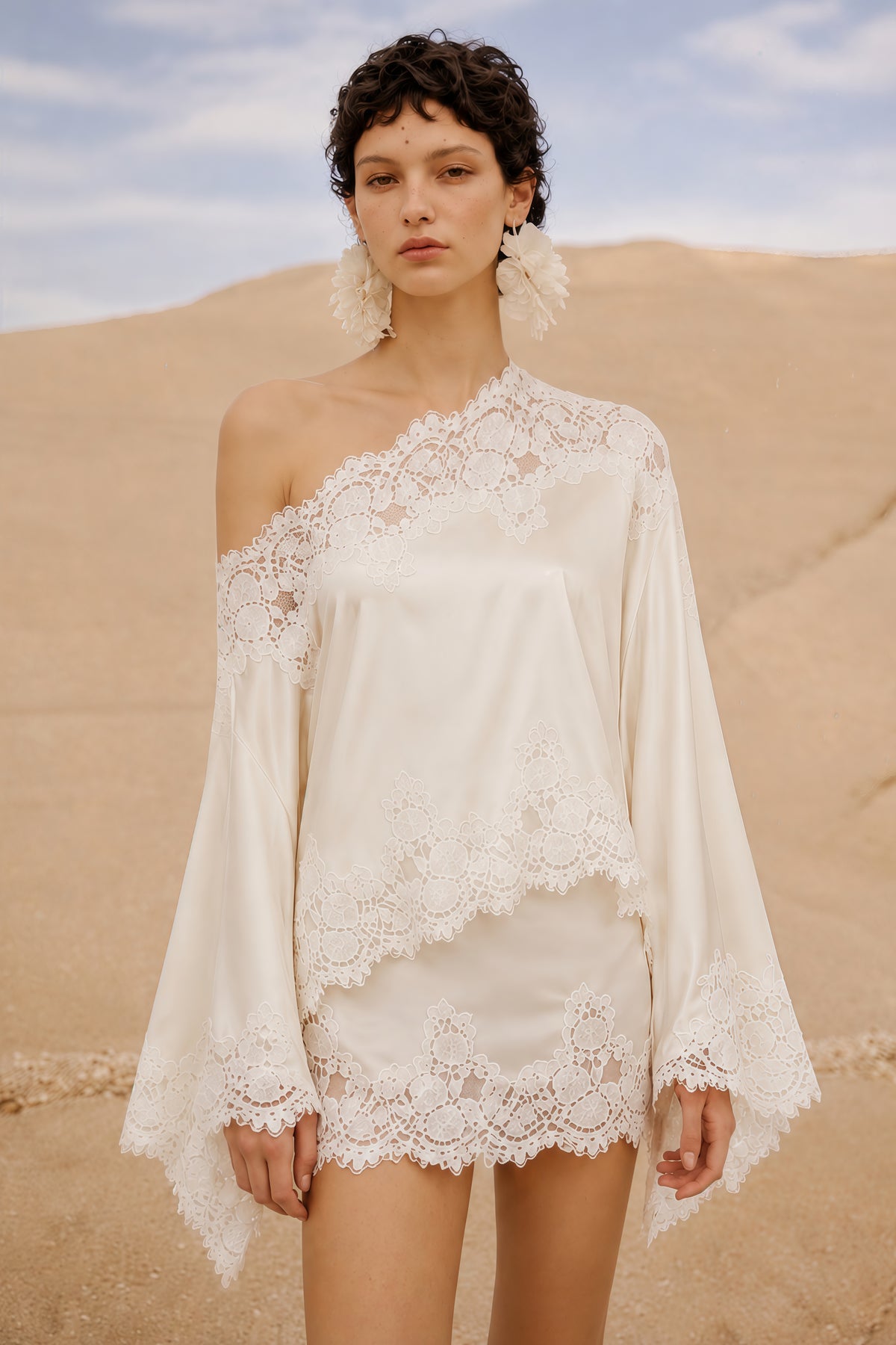 sophia white one shoulder top & skirt set with lace trim