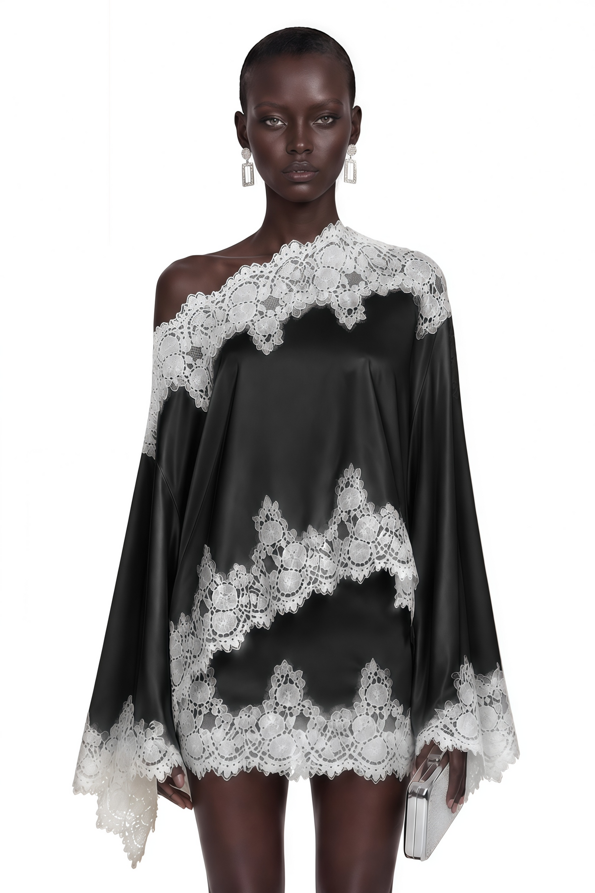 sophia black one shoulder top & skirt set with lace trim