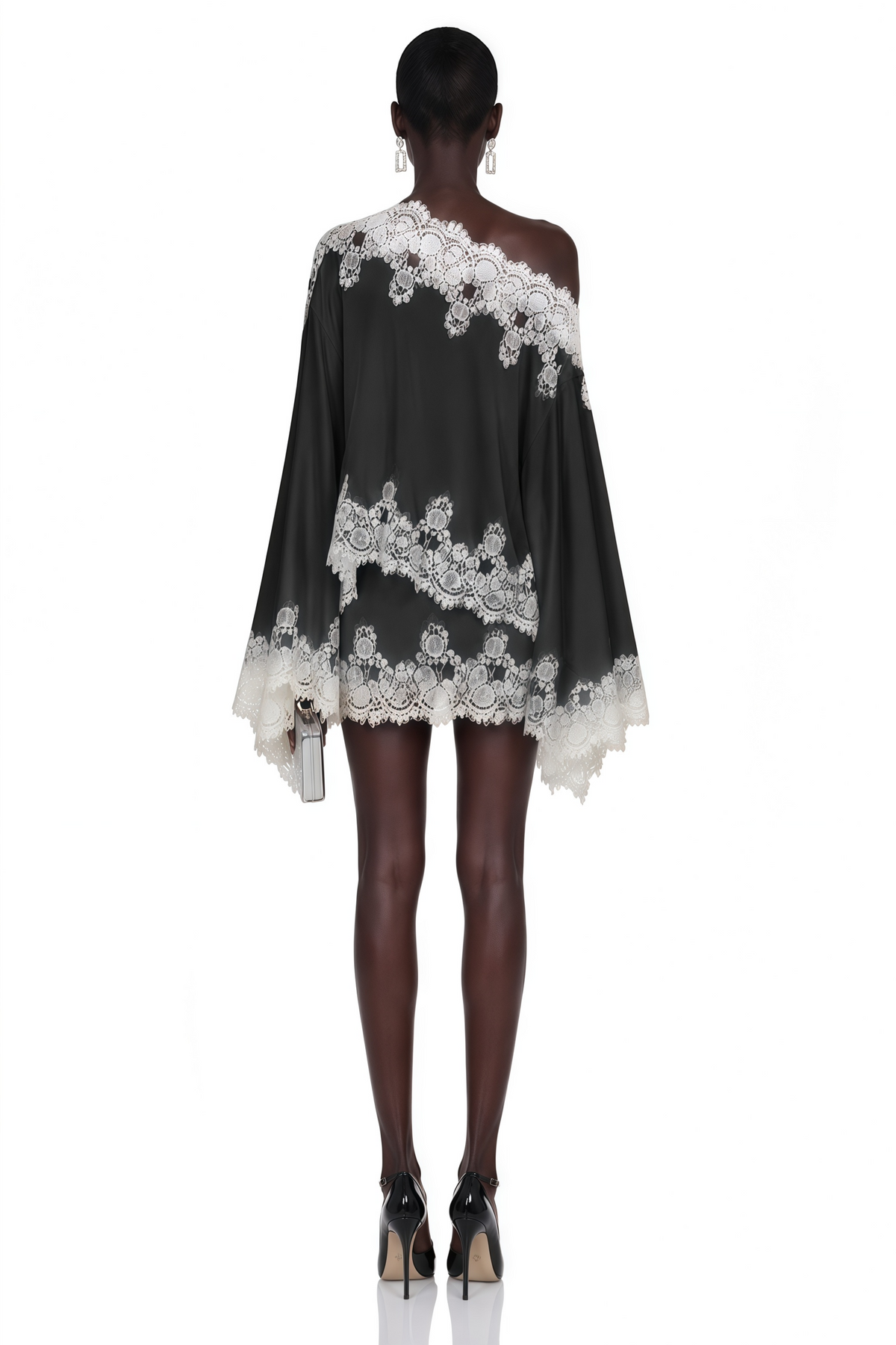 sophia black one shoulder top & skirt set with lace trim