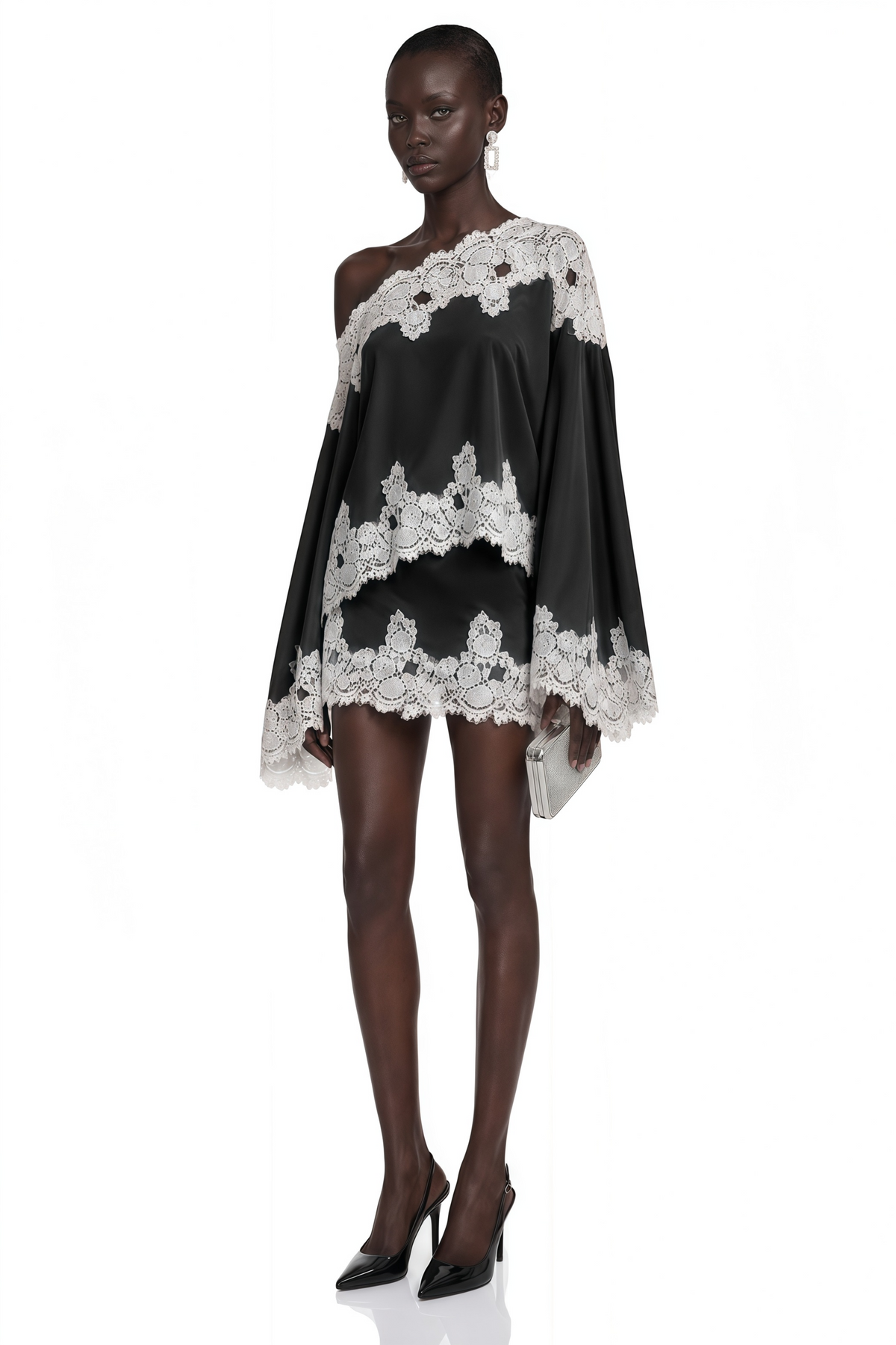 sophia black one shoulder top & skirt set with lace trim