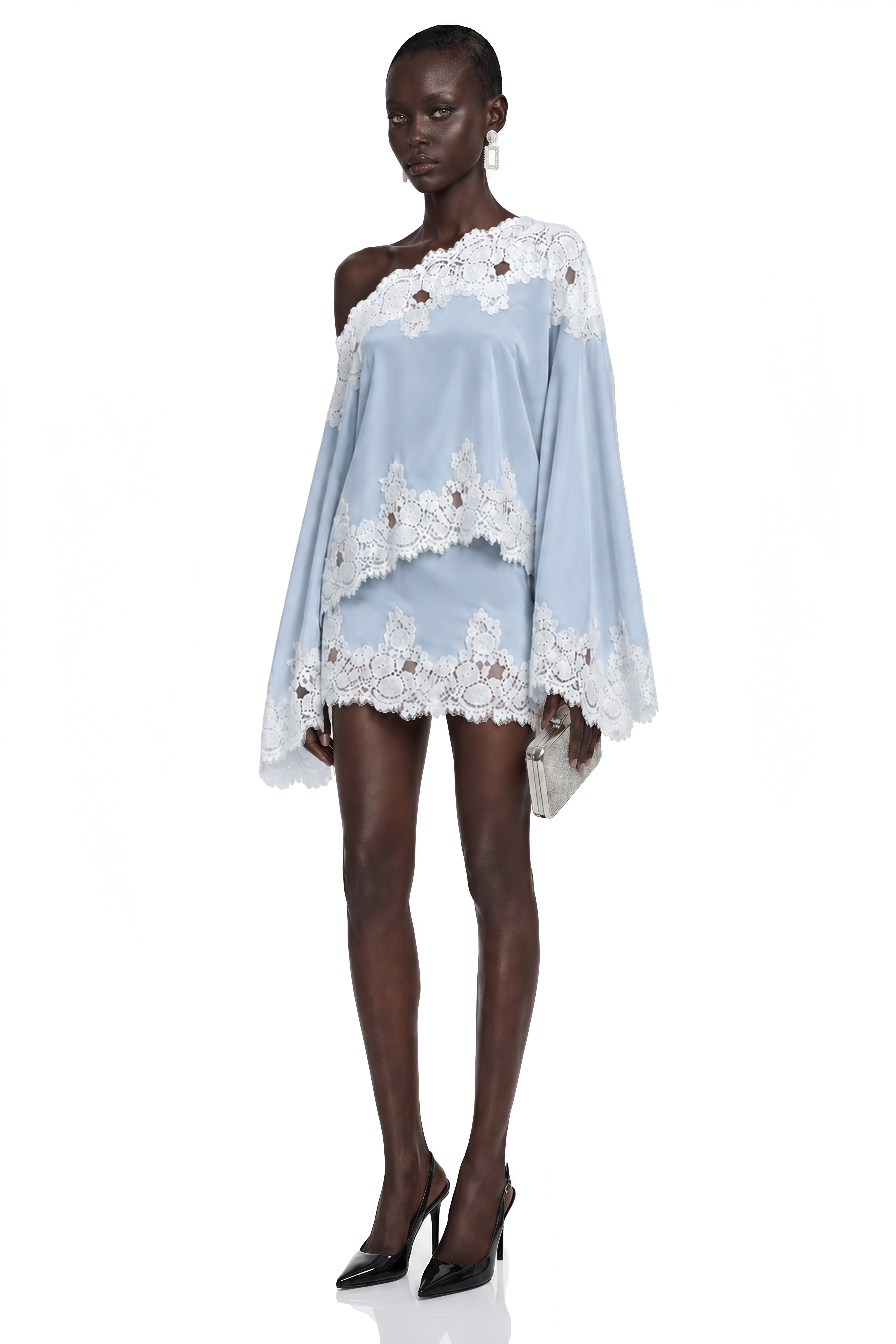 Sophia Blue One Shoulder Top & Skirt Set with Lace Trim