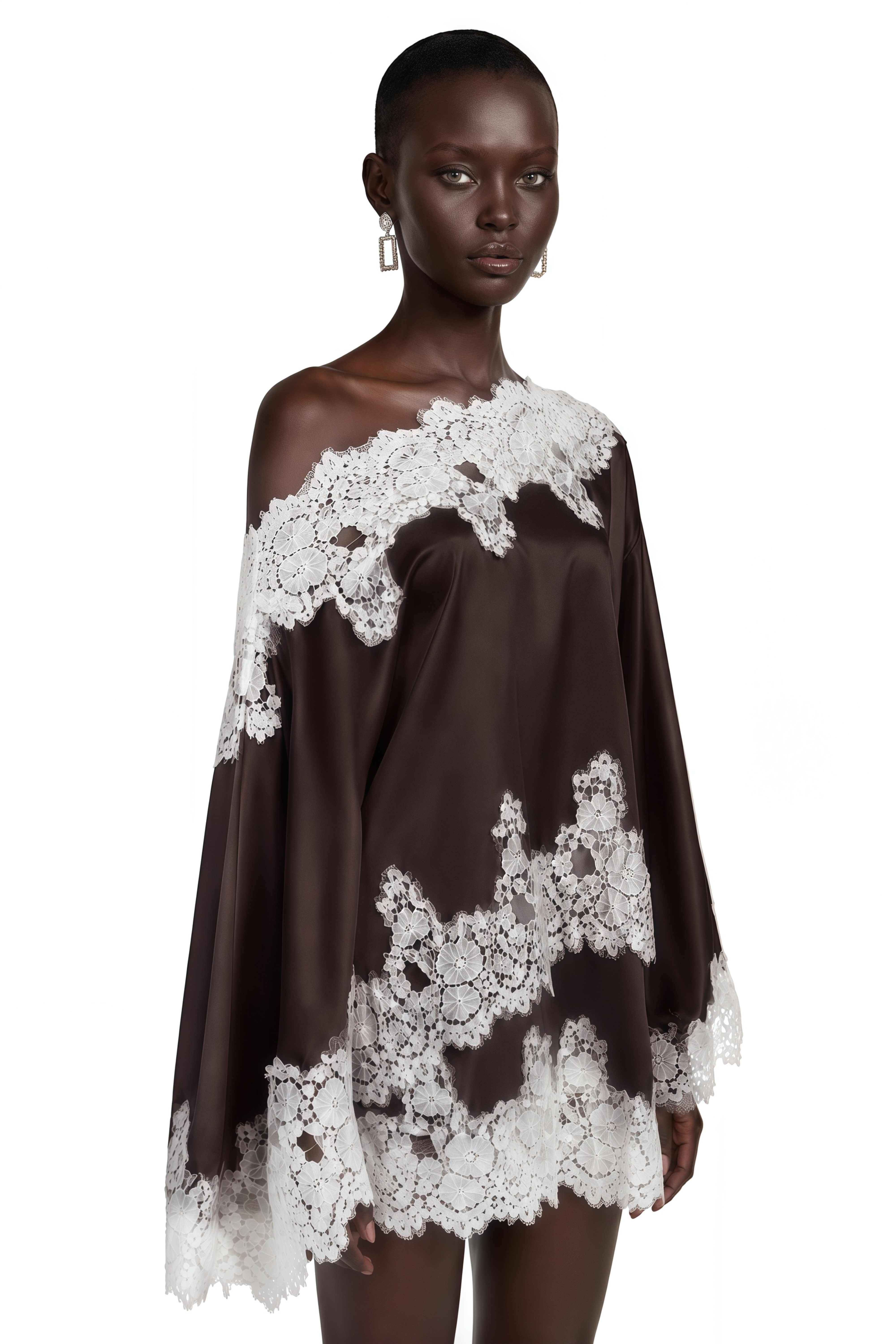 Sophia Brown One Shoulder Top & Skirt Set with Lace Trim