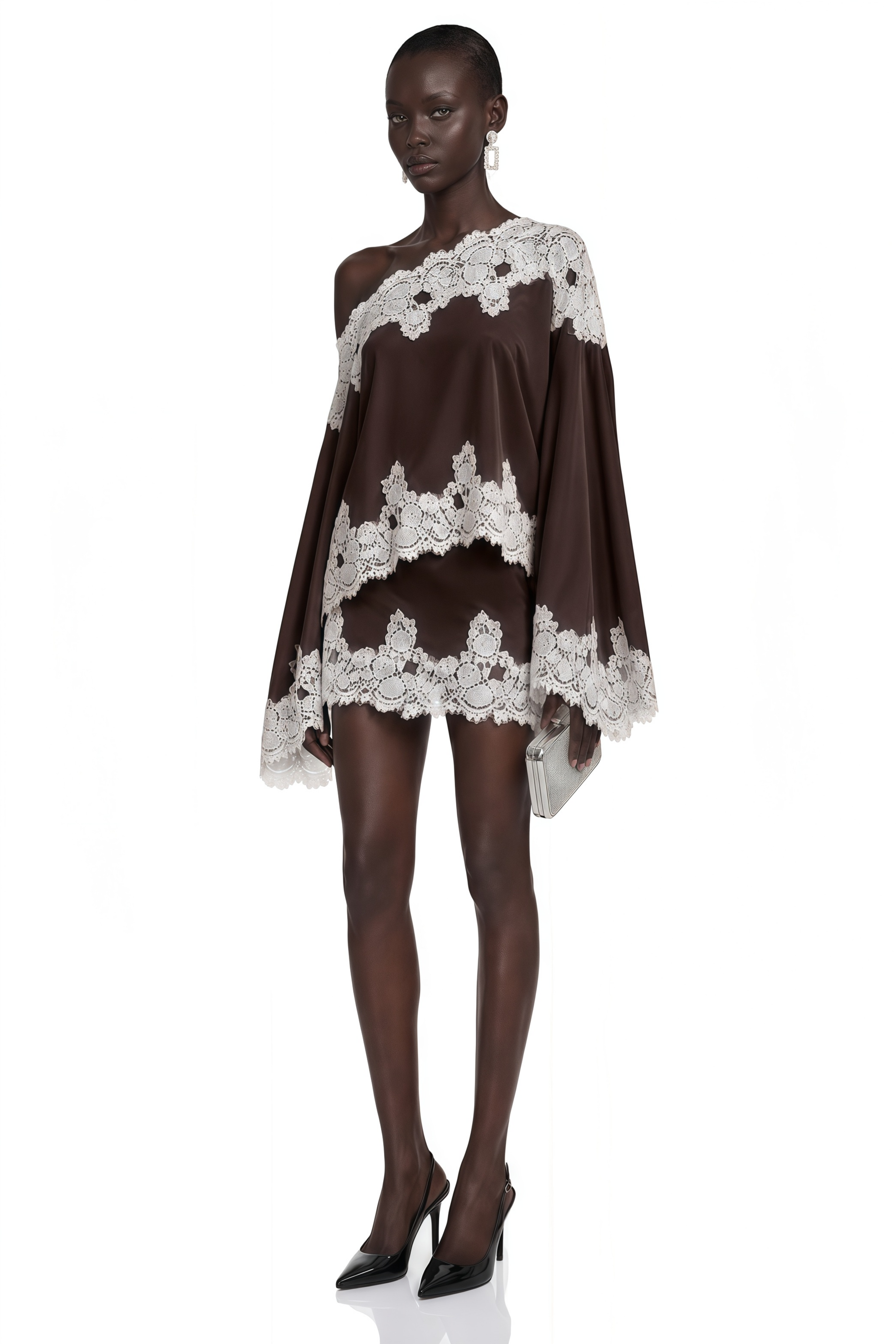 Sophia Brown One Shoulder Top & Skirt Set with Lace Trim