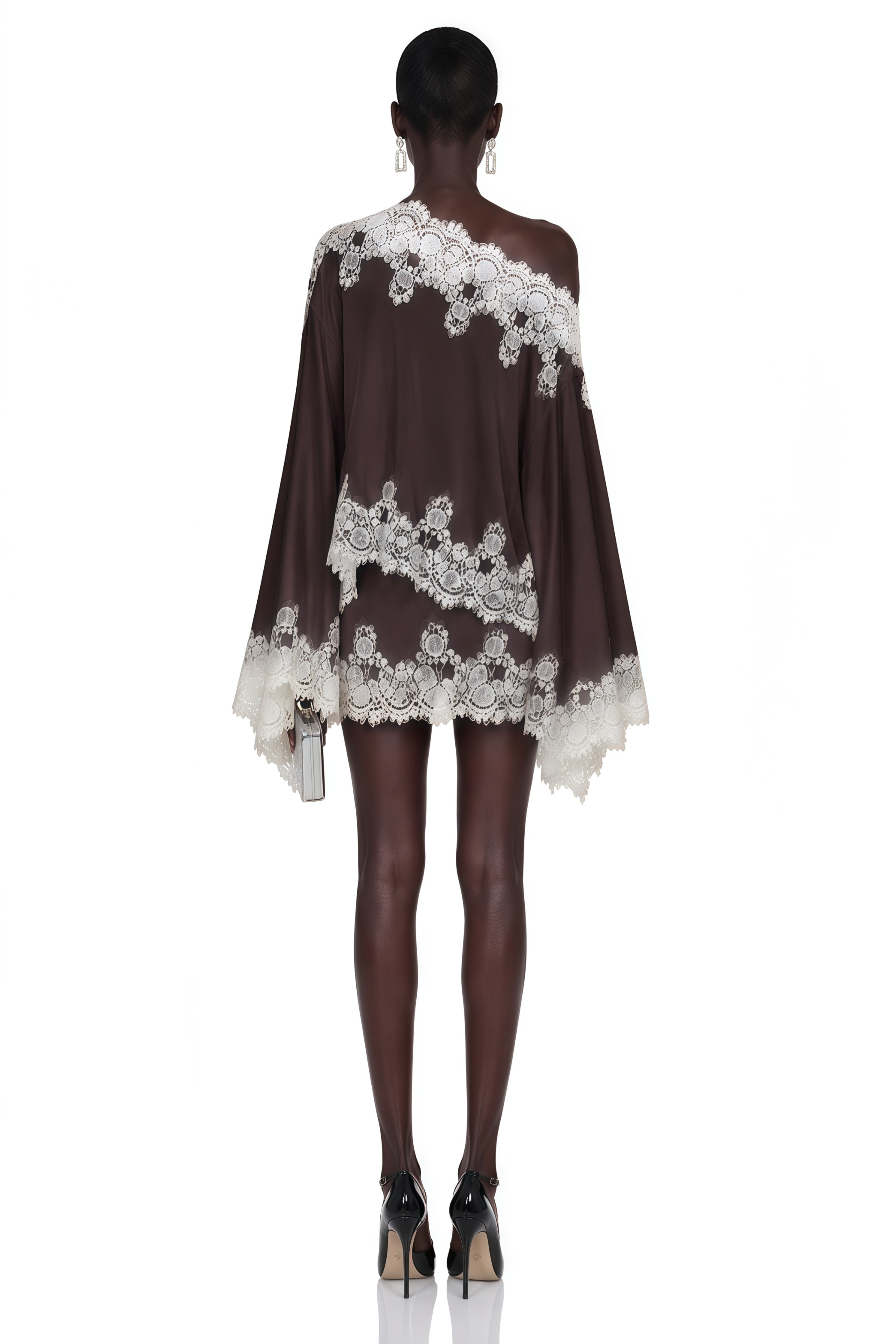 Sophia Brown One Shoulder Top & Skirt Set with Lace Trim