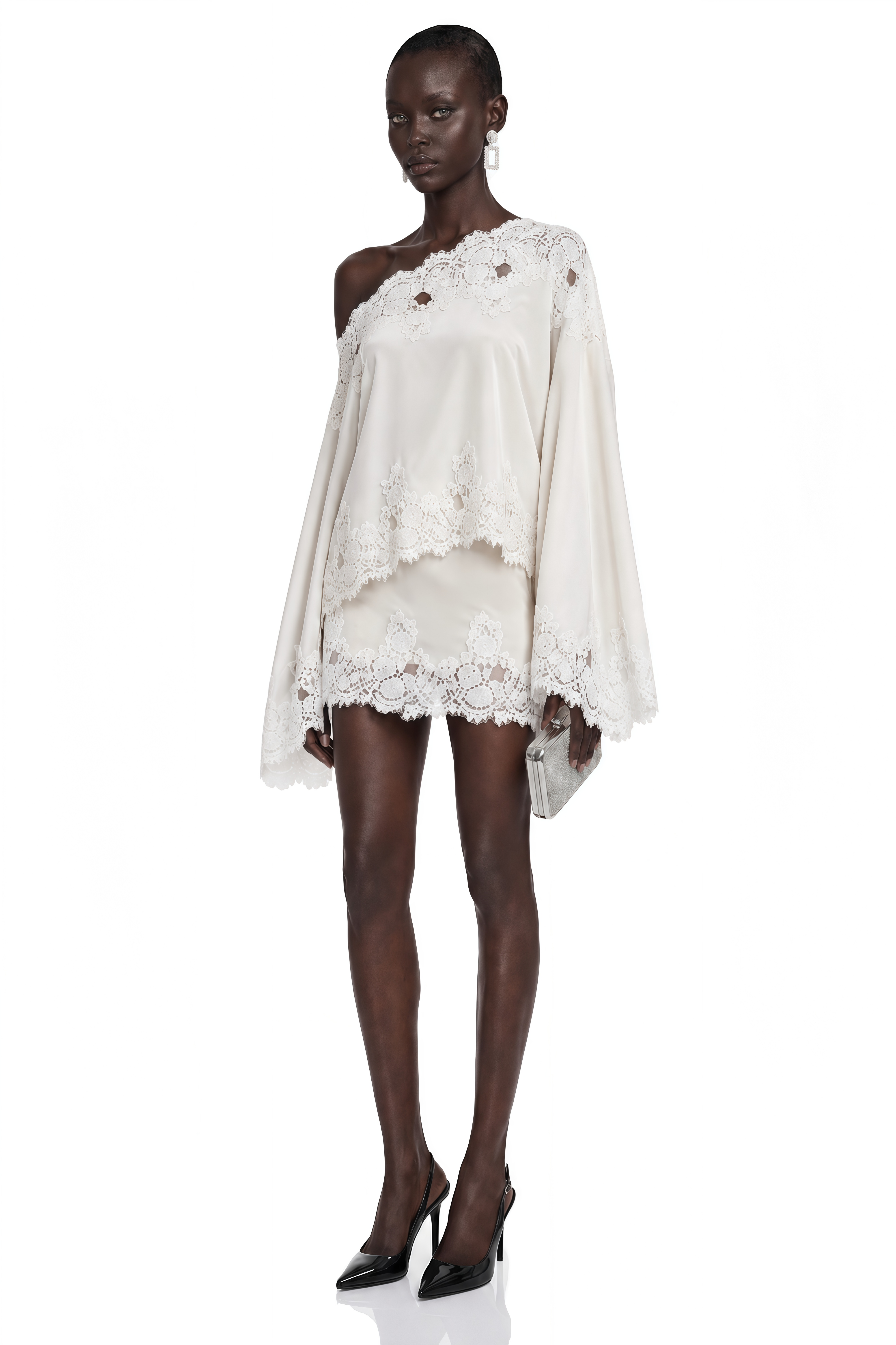 Sophia White One Shoulder Top & Skirt Set with Lace Trim
