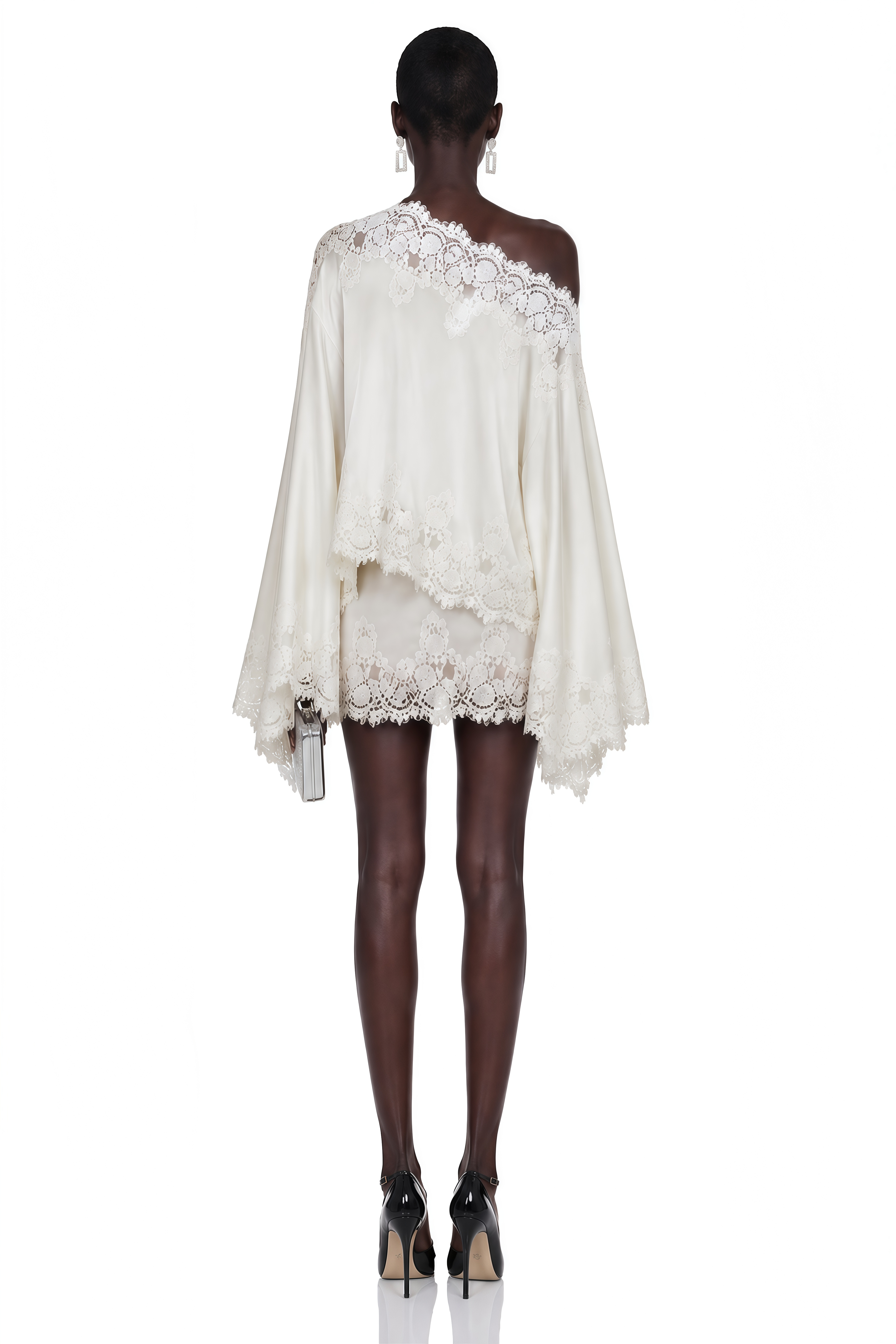 Sophia White One Shoulder Top & Skirt Set with Lace Trim