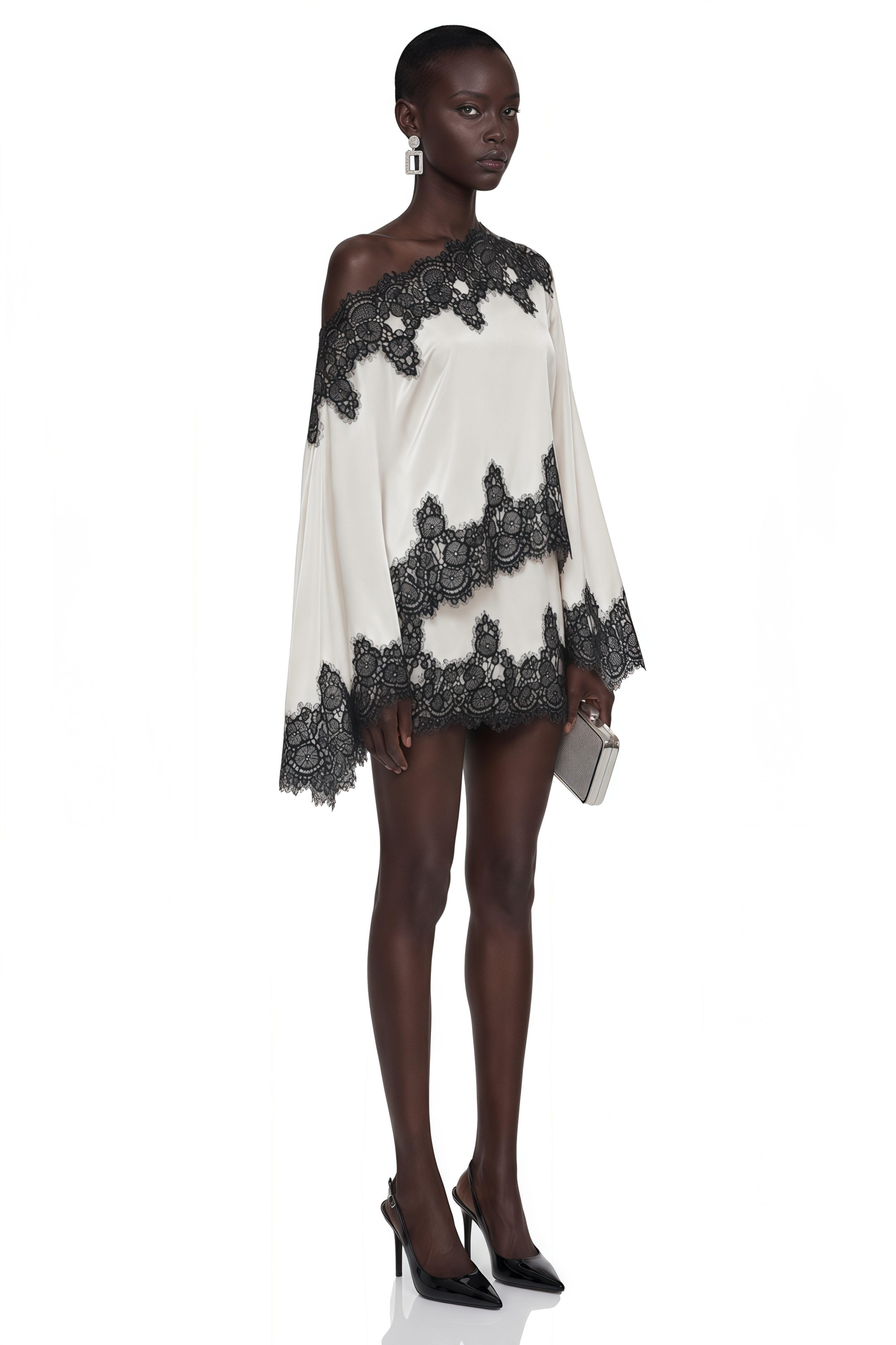 Sophia Cream One Shoulder Top & Skirt Set with Lace Trim