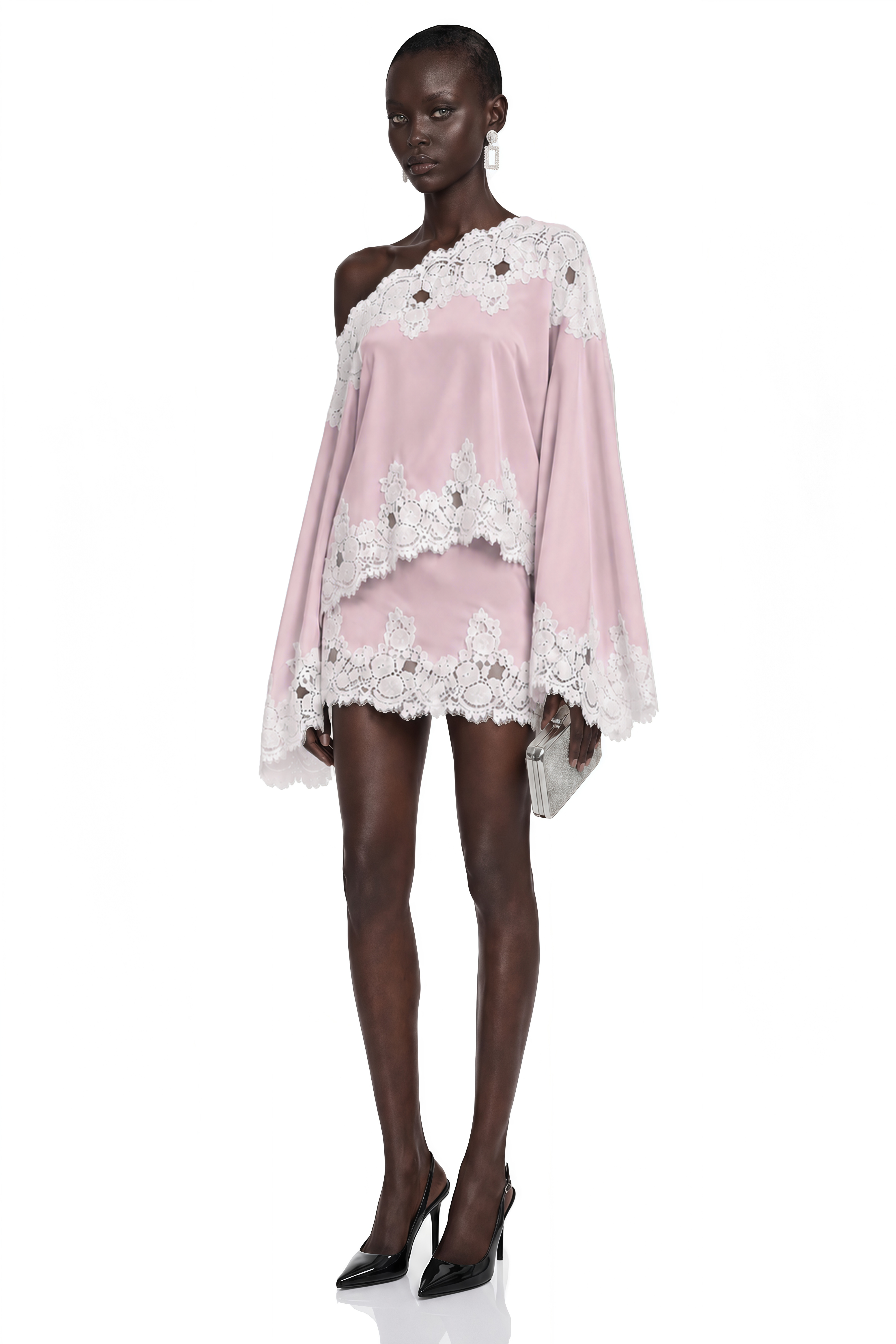 Sophia Pink One Shoulder Top & Skirt Set with Lace Trim
