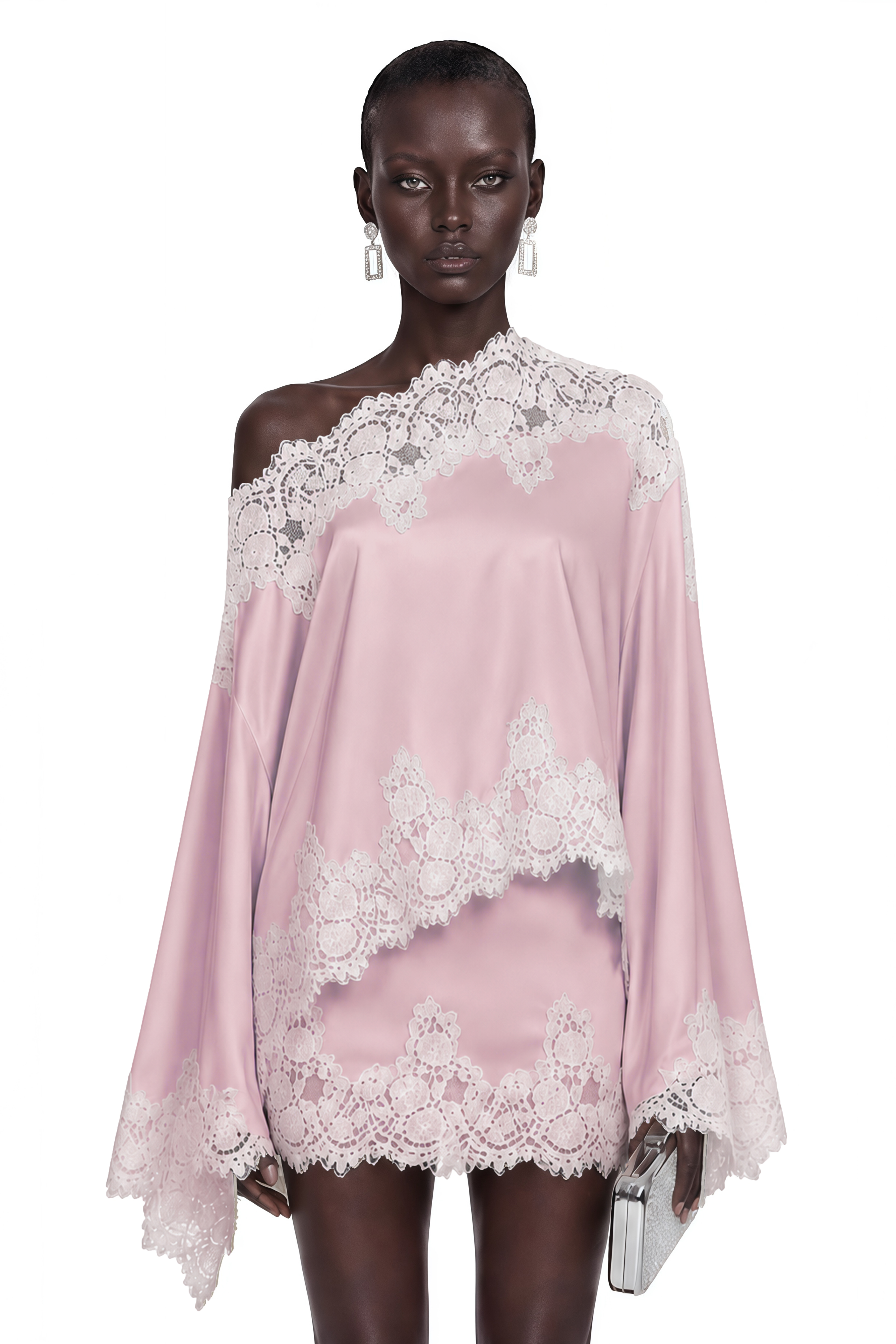 Sophia Pink One Shoulder Top & Skirt Set with Lace Trim