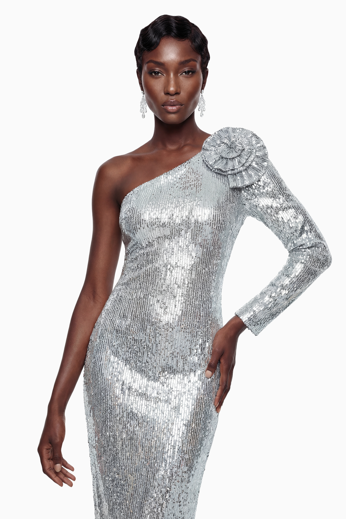 Sophia Silver Sequin Corset Maxi Dress with 3D Petals