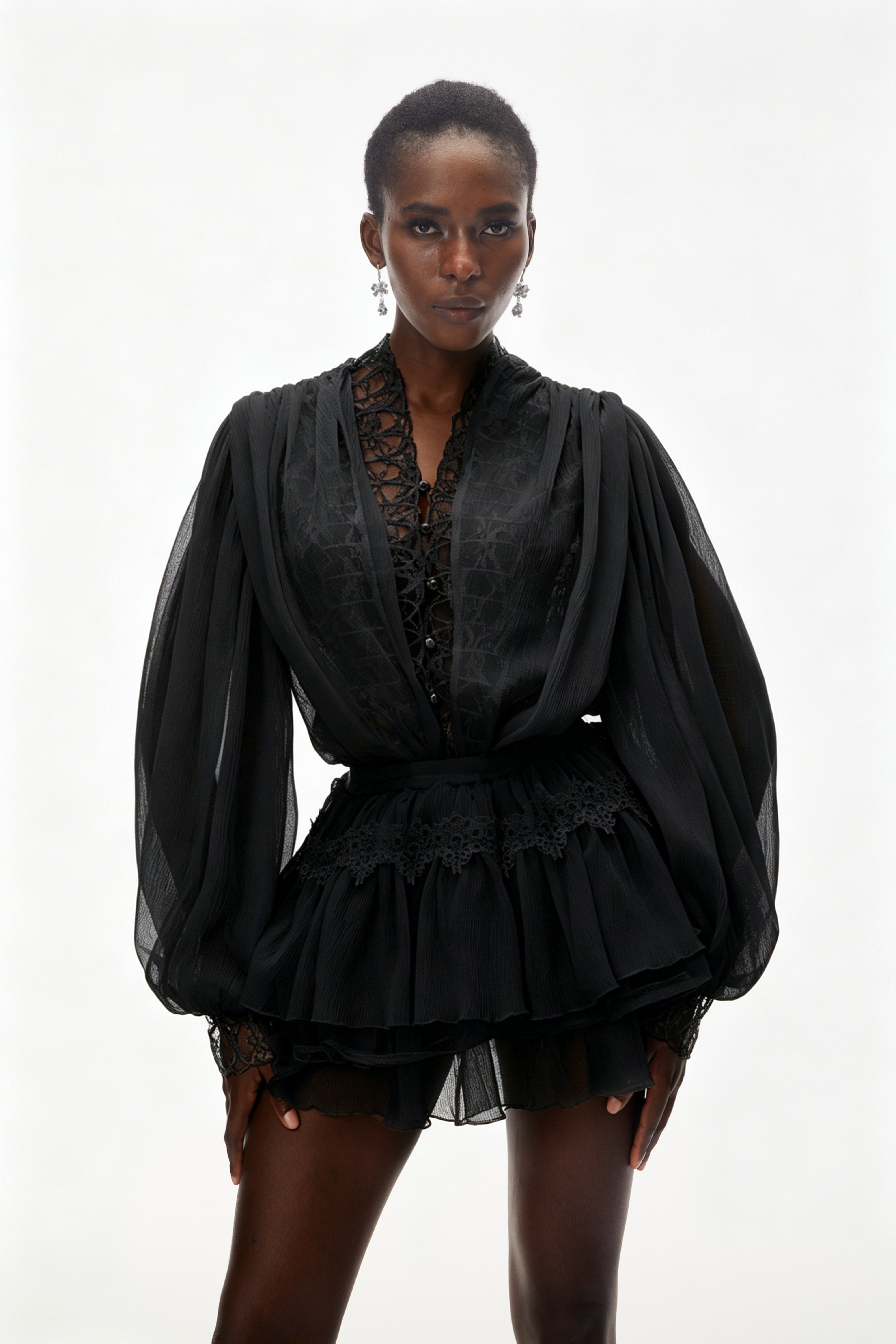 Sophie Black Lace Trim Blouse & Tiered Skirt Set