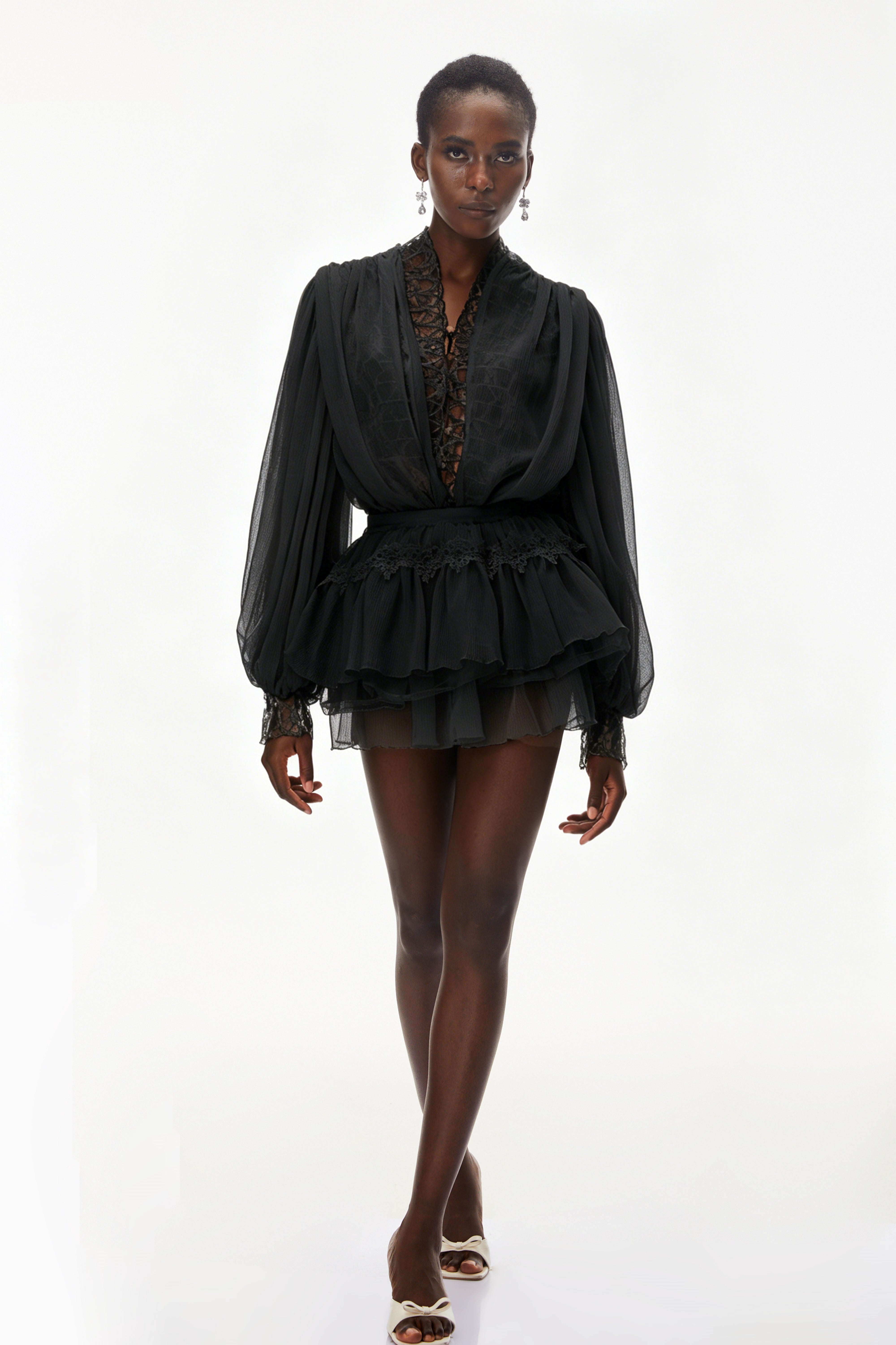 Sophie Black Lace Trim Blouse & Tiered Skirt Set