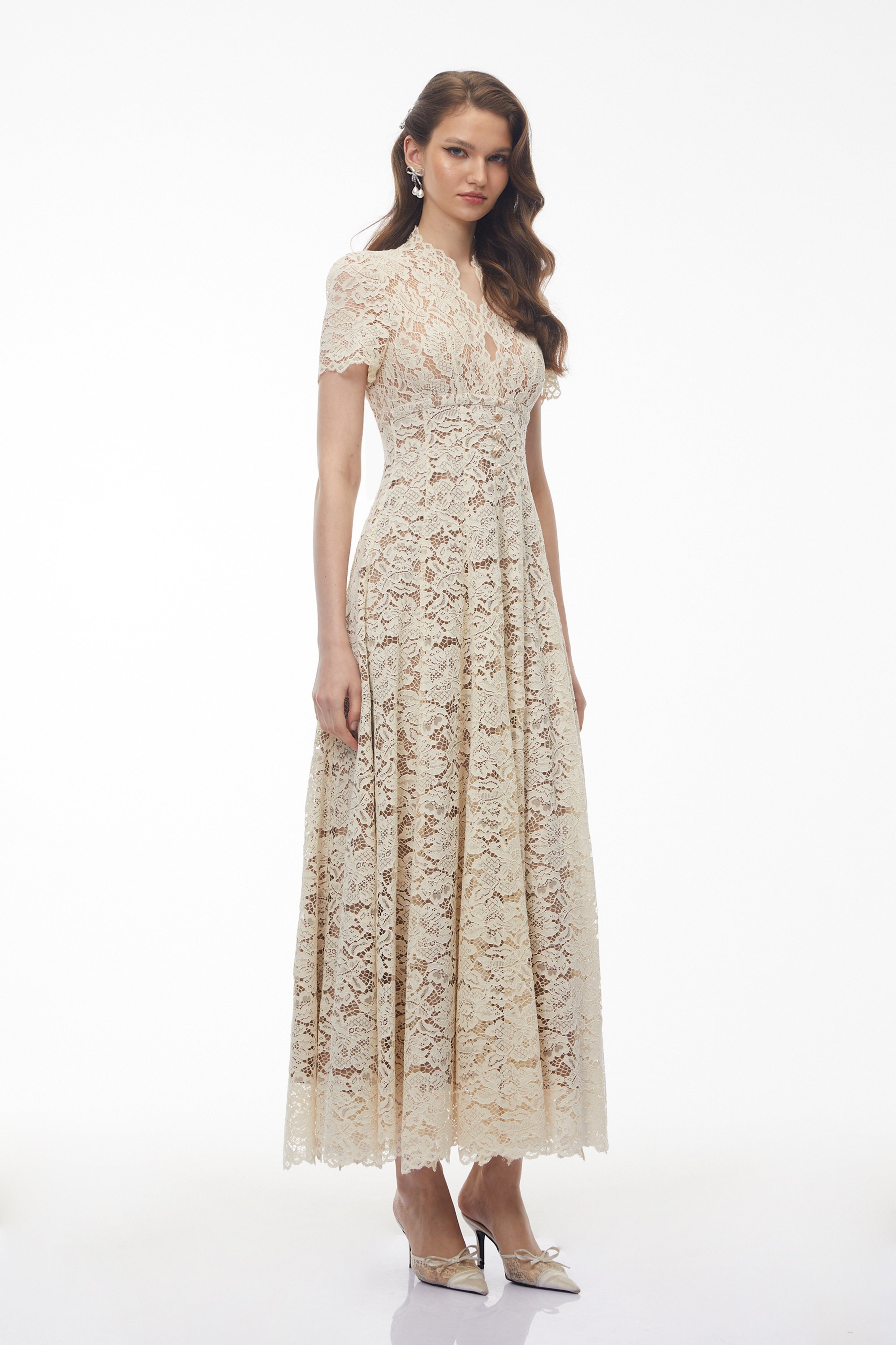 Sophie Cream Plunge Neck Floral Lace Maxi Dress