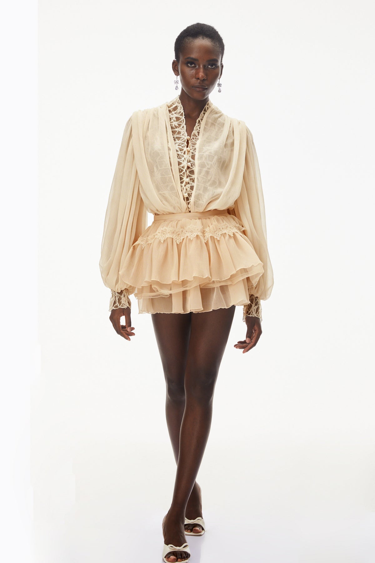 Sophie Neutral Lace Trim Blouse & Tiered Skirt Set