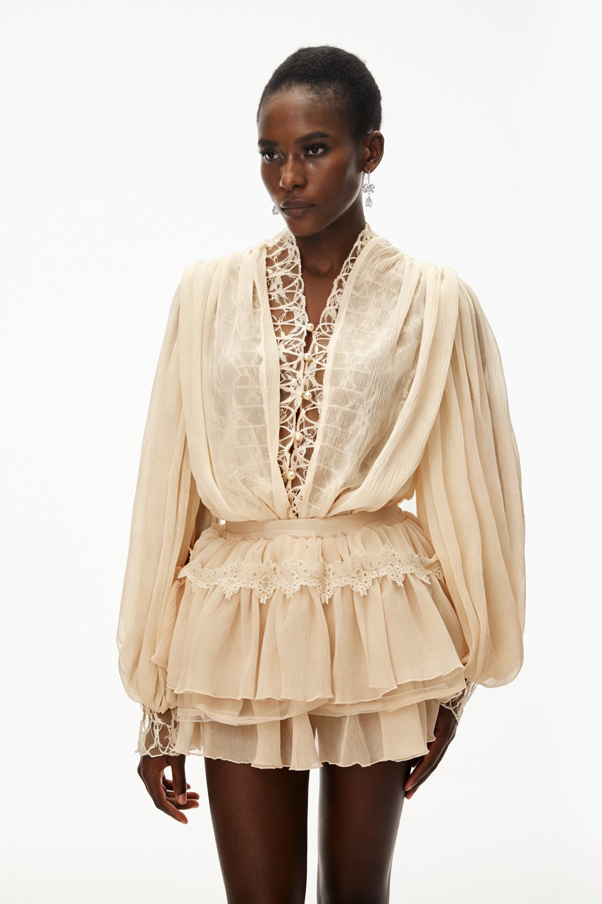 Sophie Neutral Lace Trim Blouse & Tiered Skirt Set