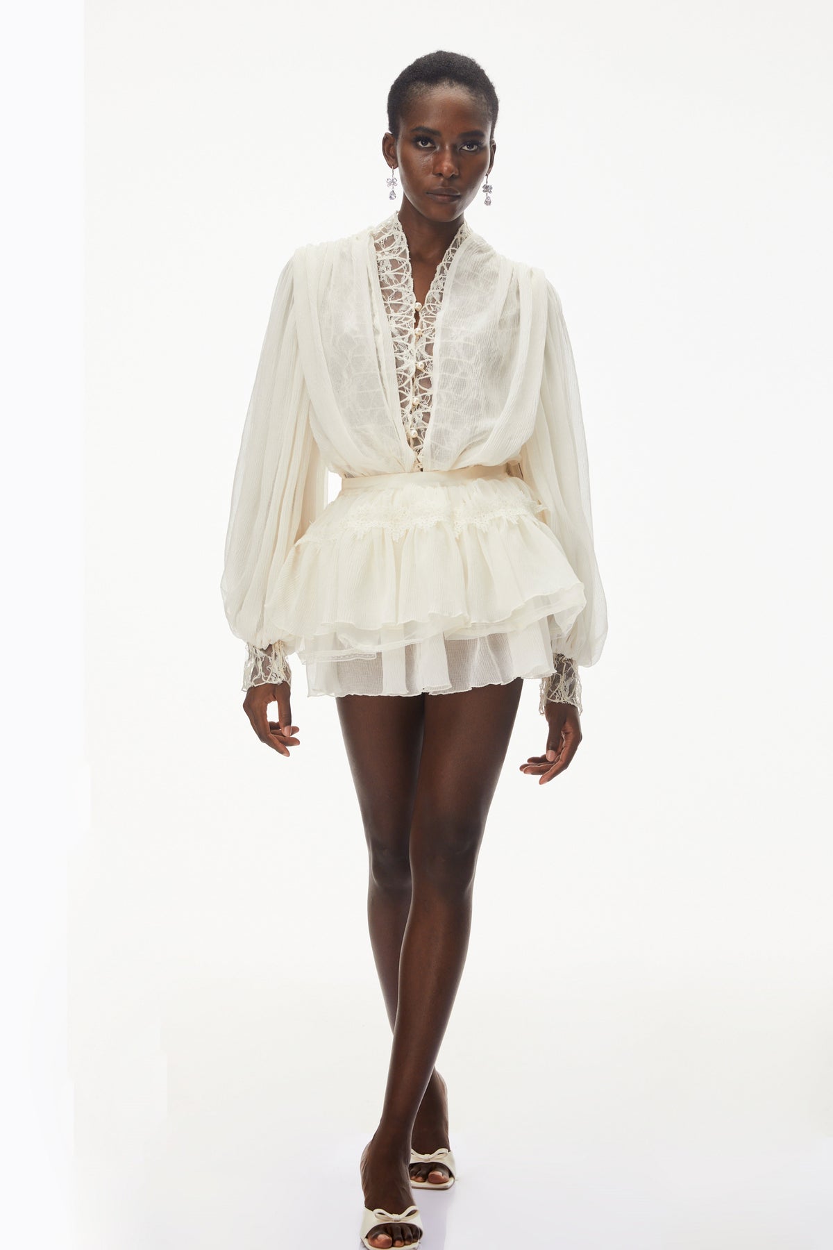 Sophie White Lace Trim Blouse & Tiered Skirt Set
