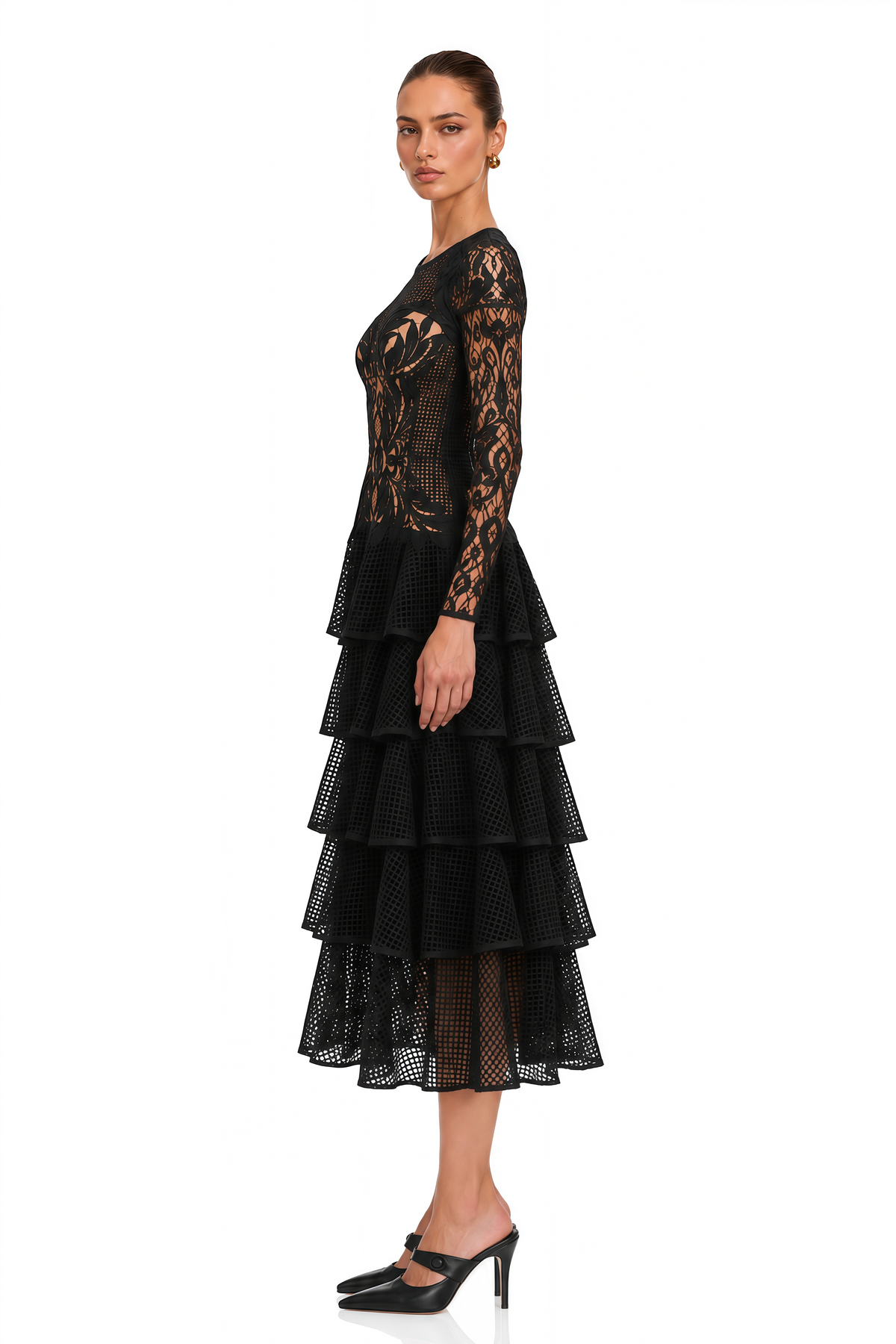 sophronia black lace long sleeves tiered midi dress