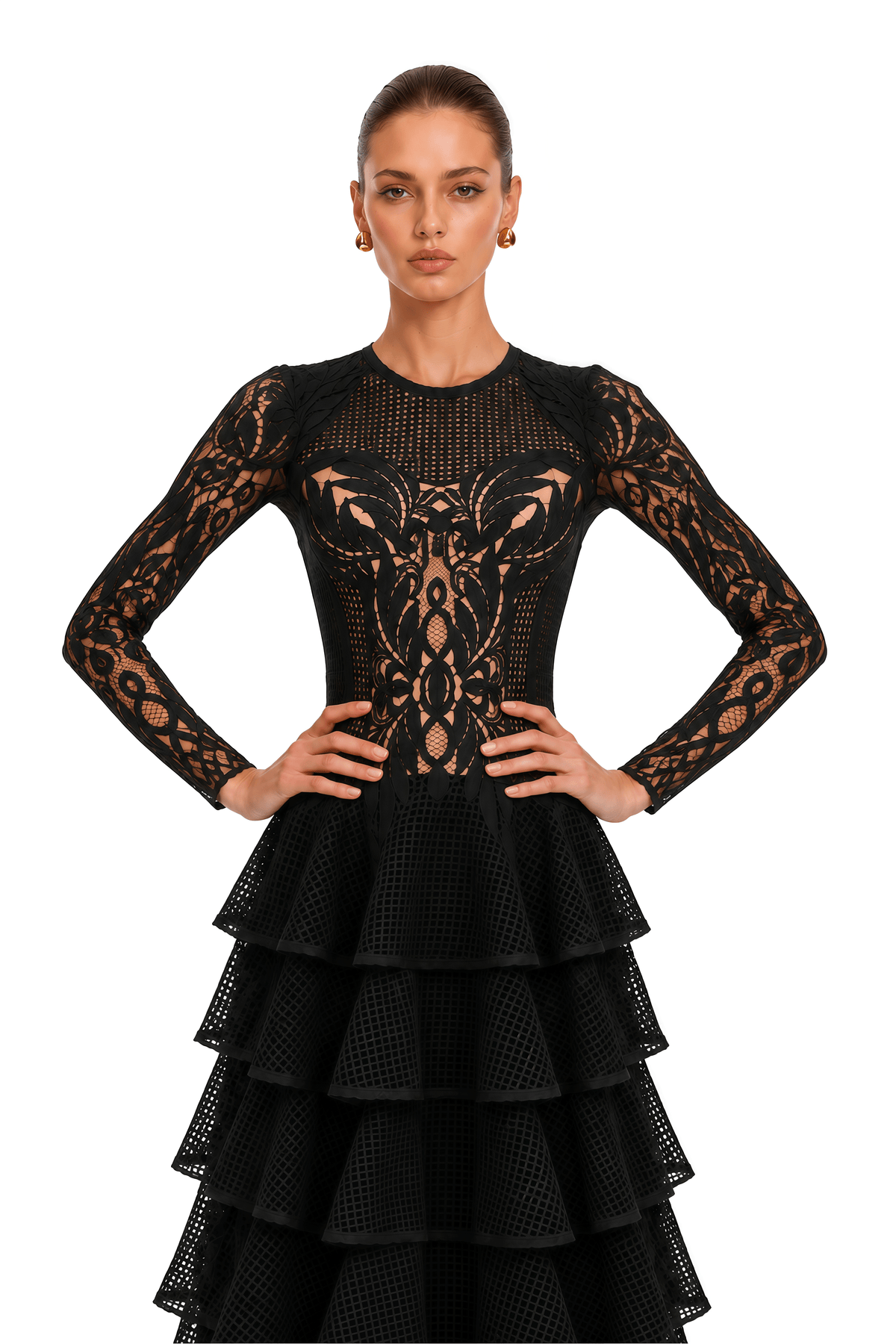 sophronia black lace long sleeves tiered midi dress