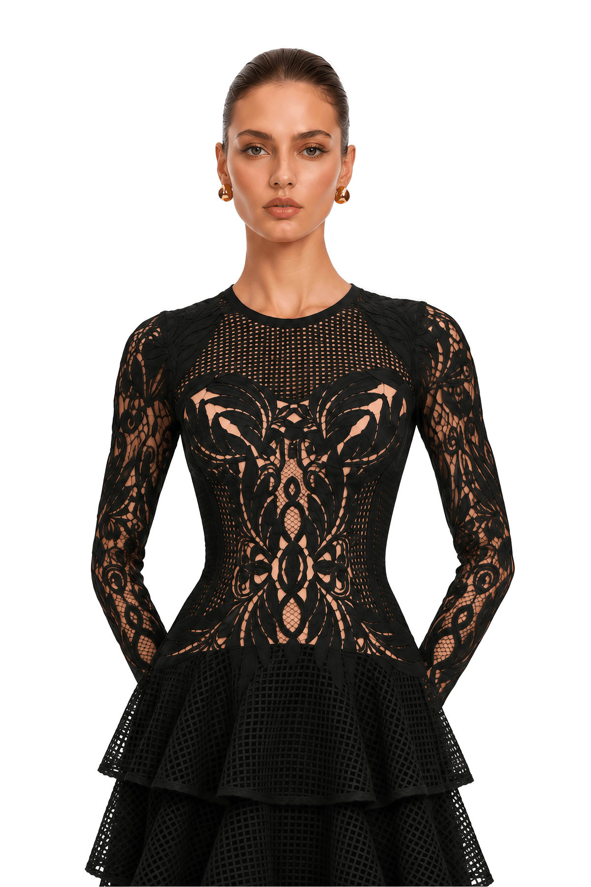 sophronia black lace long sleeves tiered midi dress