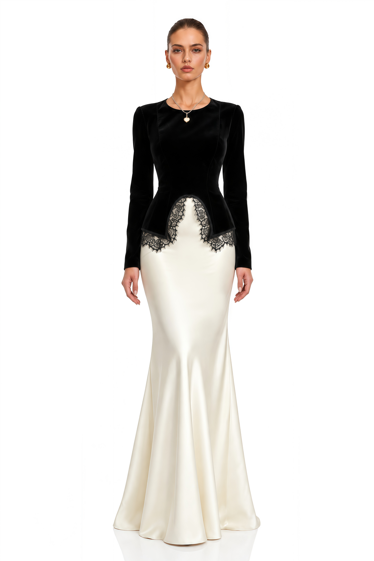 sumaiya black velvet blouse & white mermaid maxi skirt set