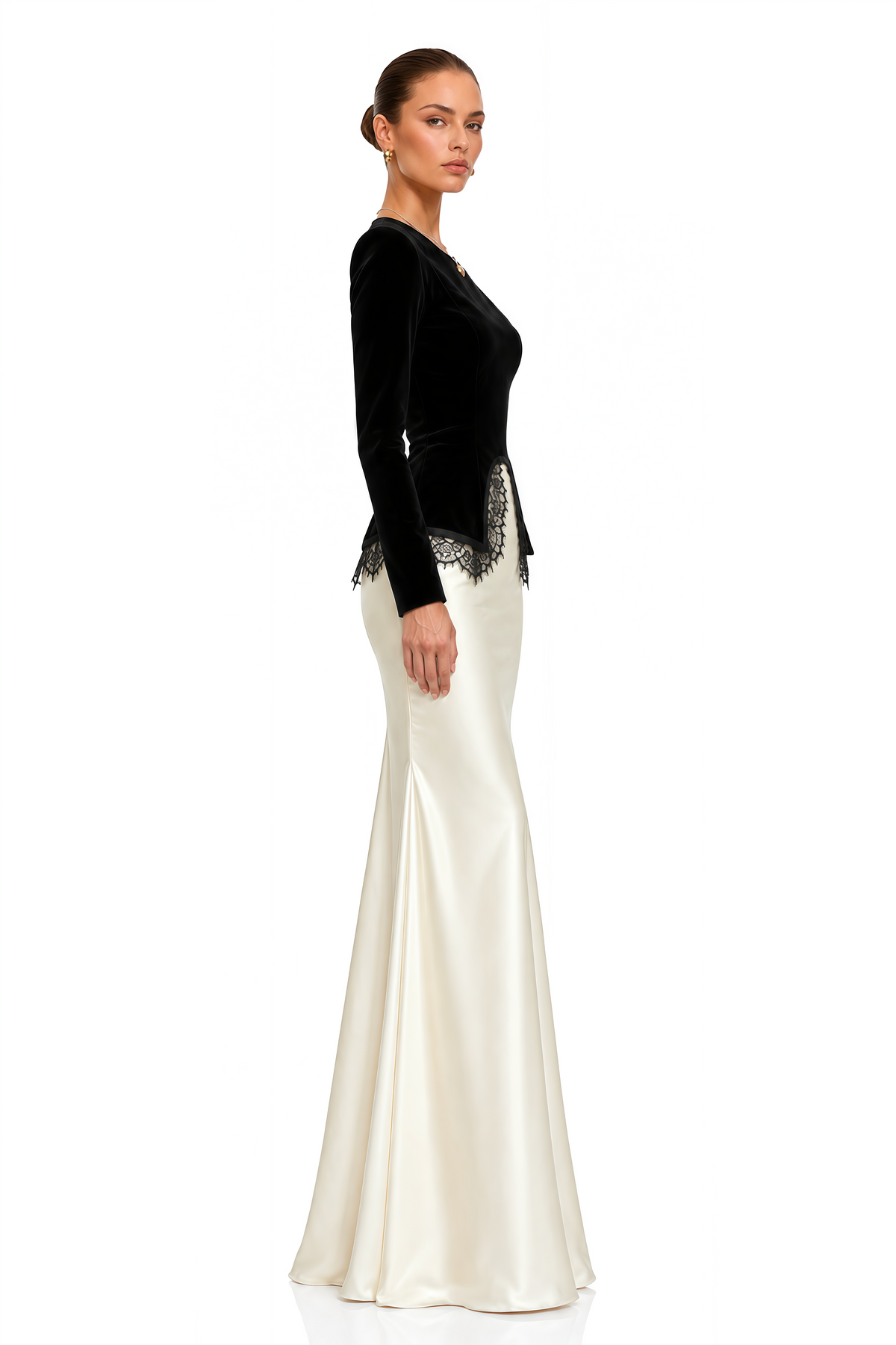 sumaiya black velvet blouse & white mermaid maxi skirt set