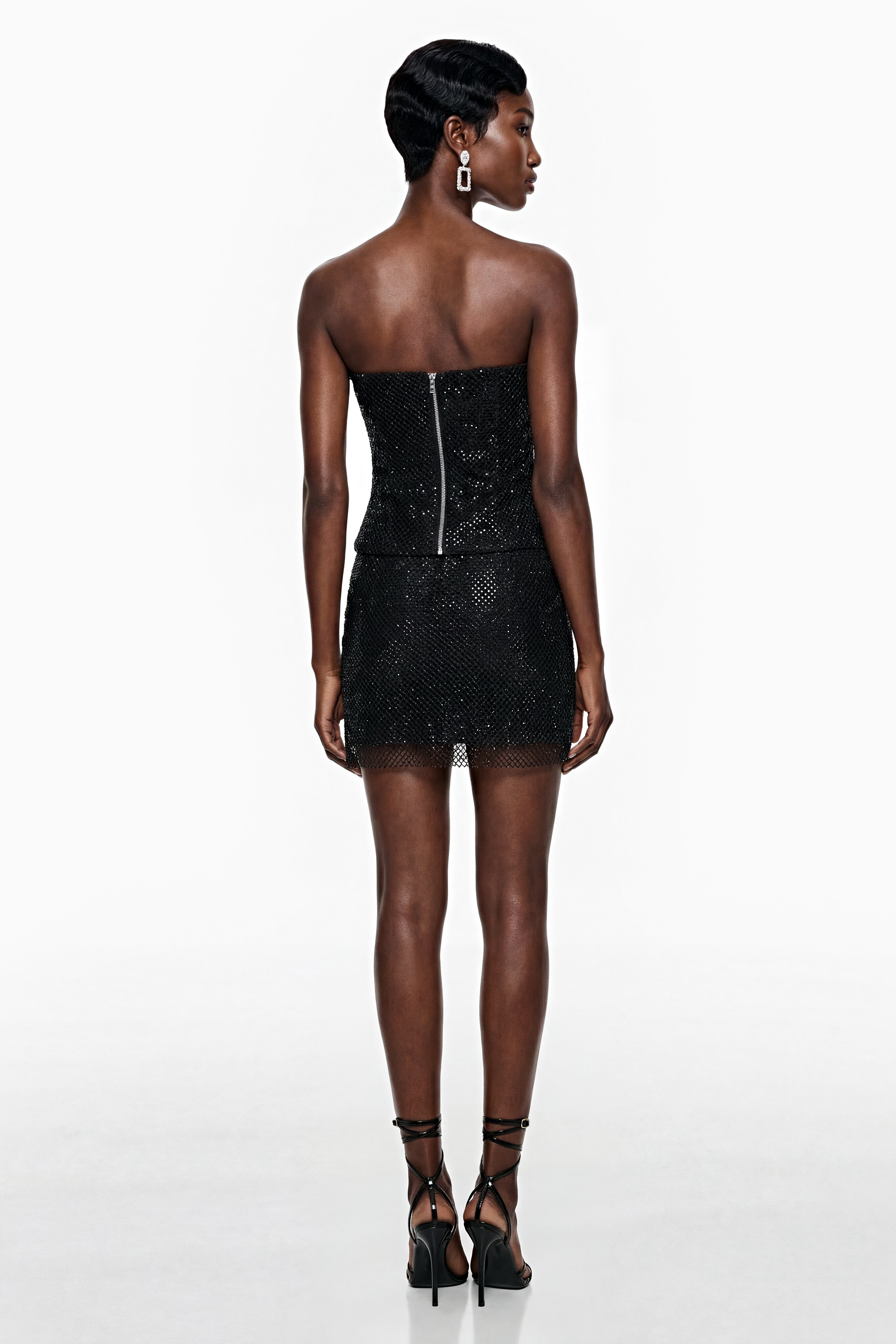 Suné Black Rhinestone Ruched Top & Skirt Set