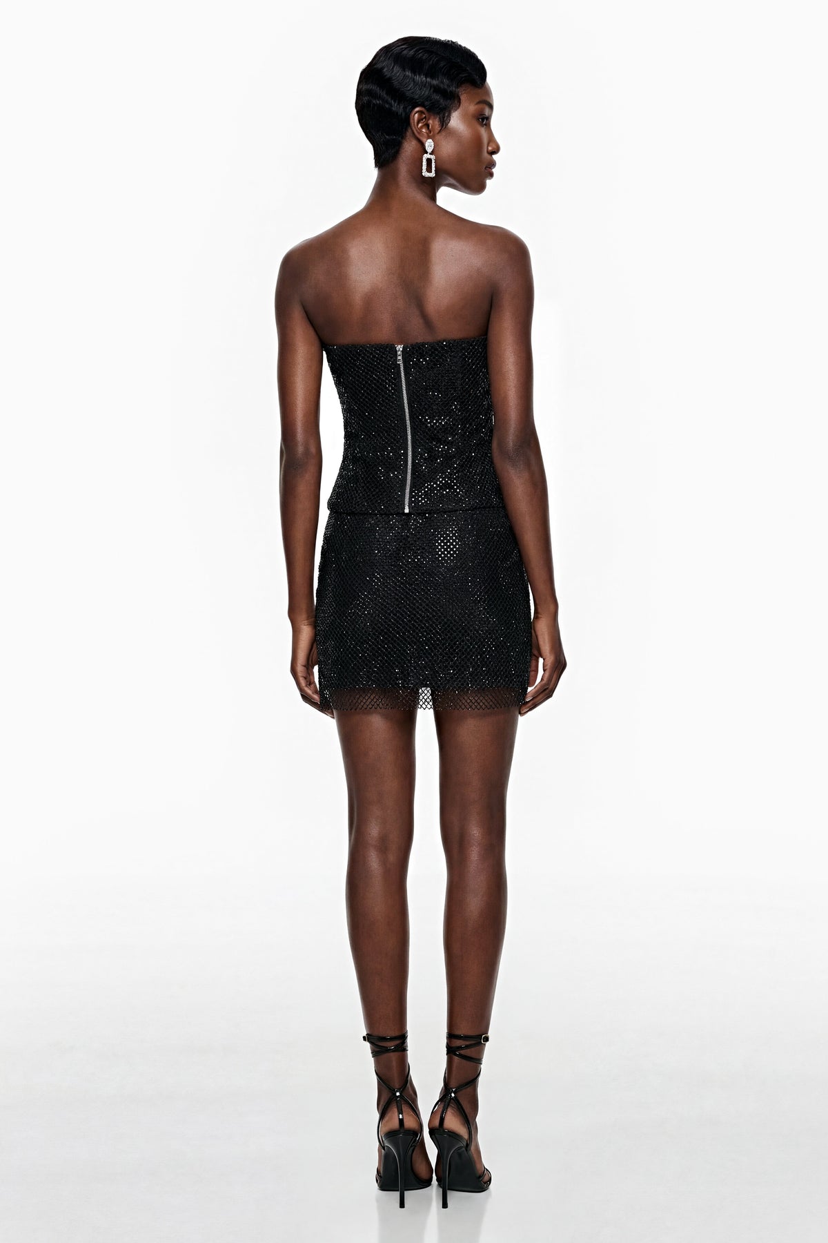 Suné Black Rhinestone Ruched Top & Skirt Set