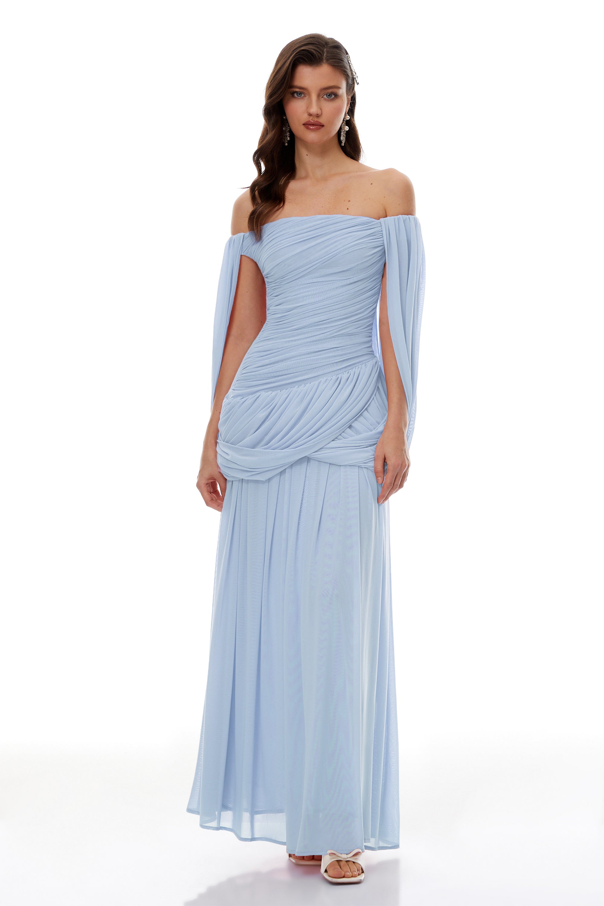 Suné Blue Cross Front Ruched Maxi Dress