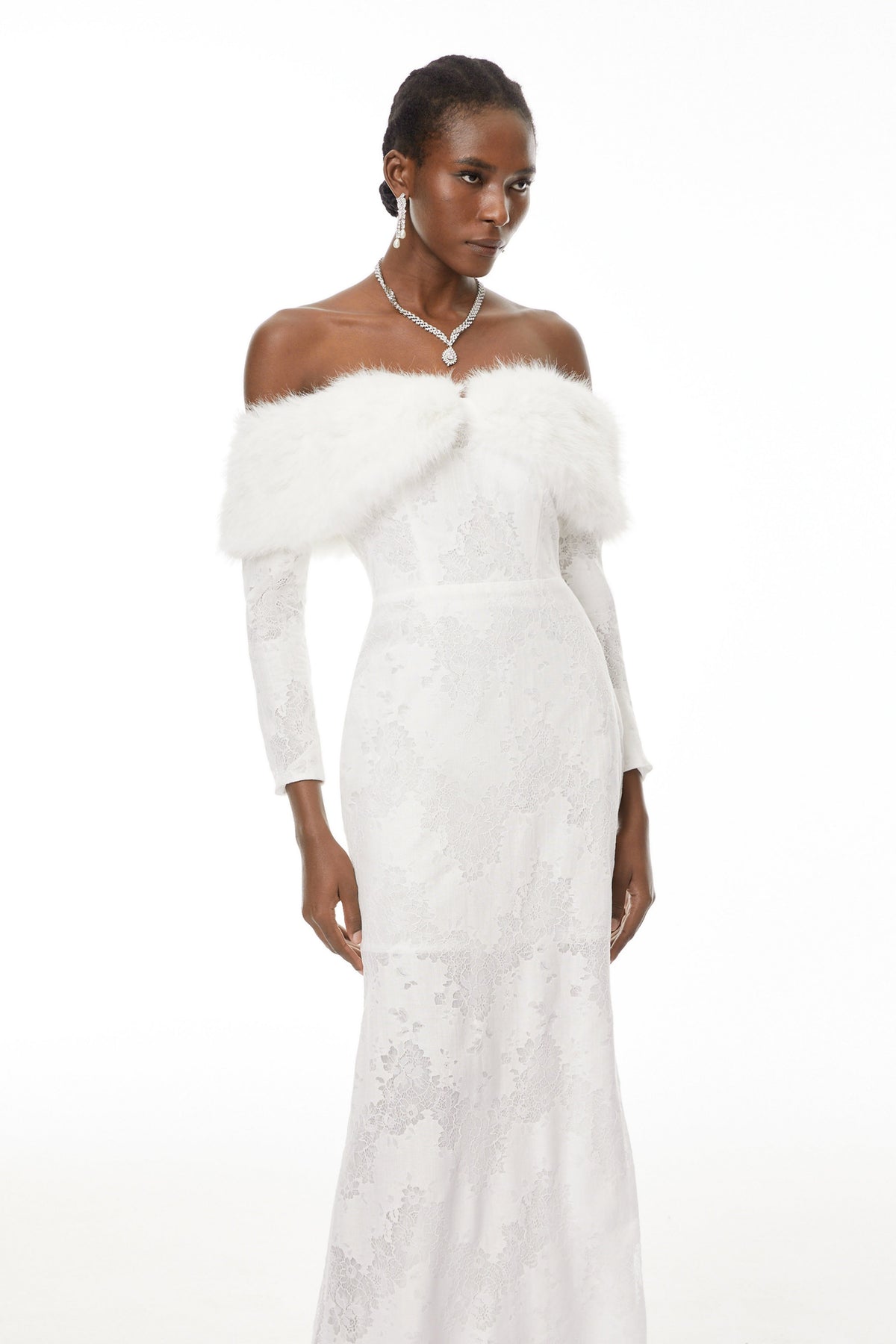 Susanne White Fur Trim Floral Lace Maxi Dress
