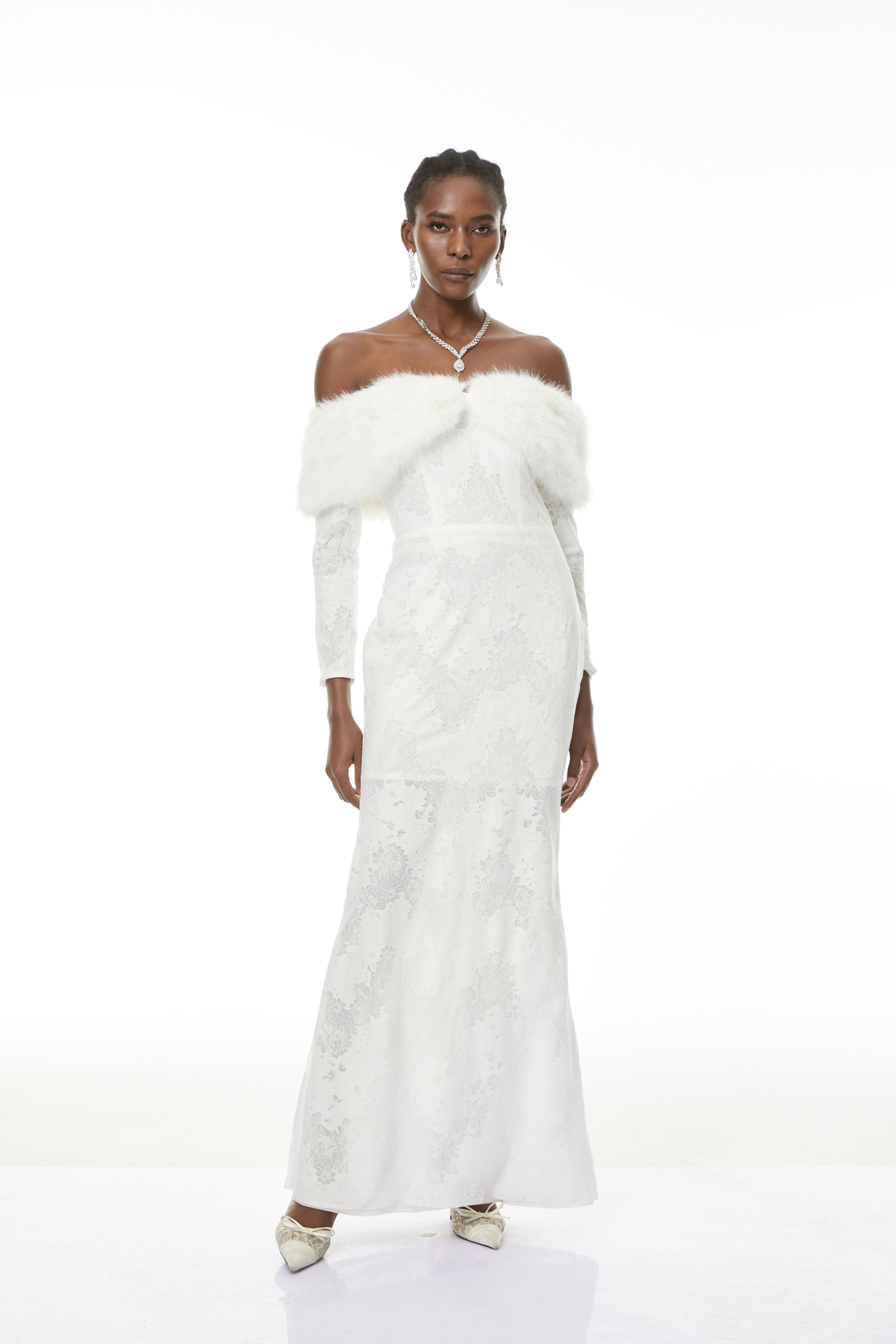Susanne White Fur Trim Floral Lace Maxi Dress
