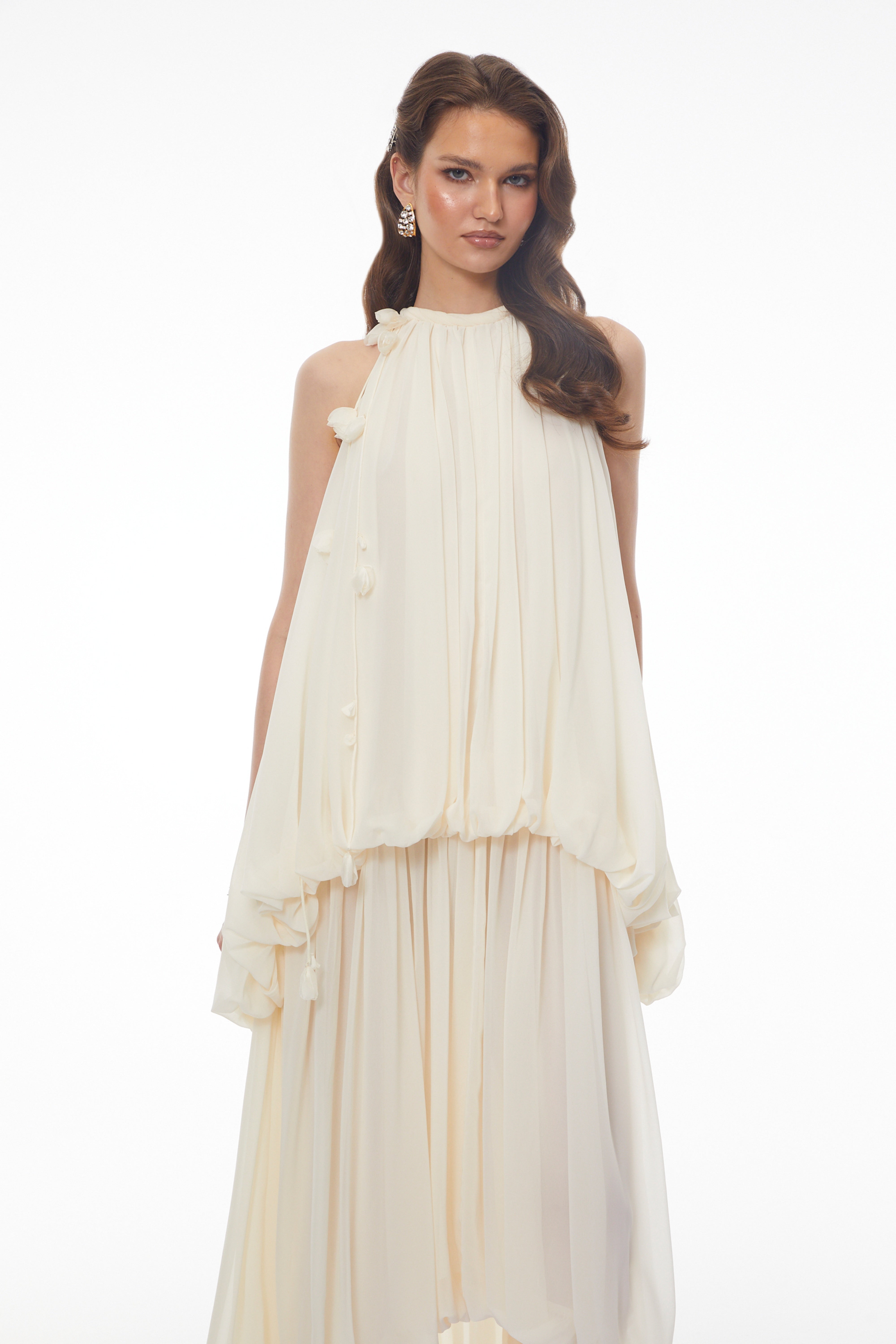 Svetlana White Halterneck Ruched Maxi Dress with 3D Florals