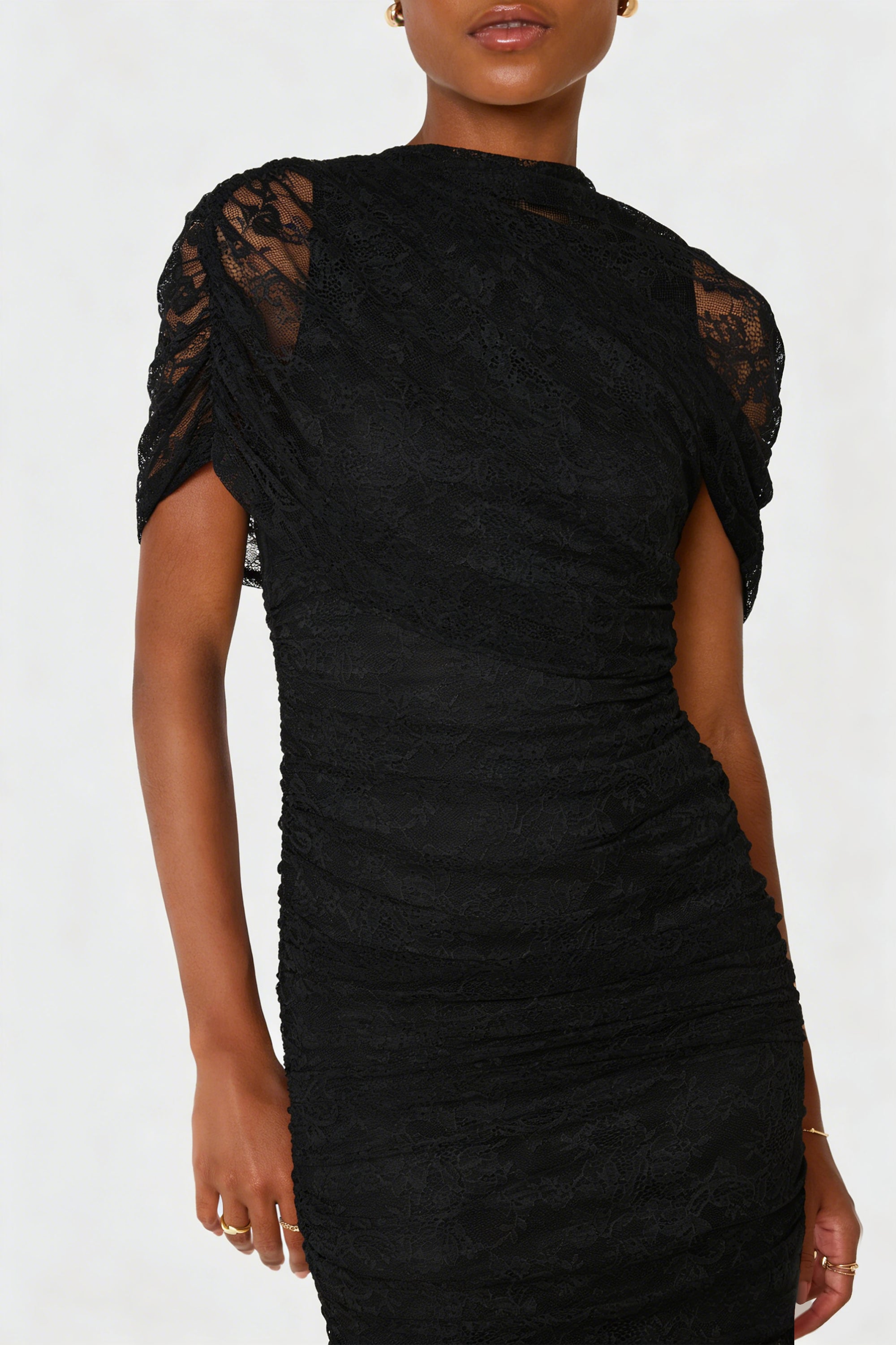 Sylphe Black Asymmetrical Ruched Mesh Maxi Dress
