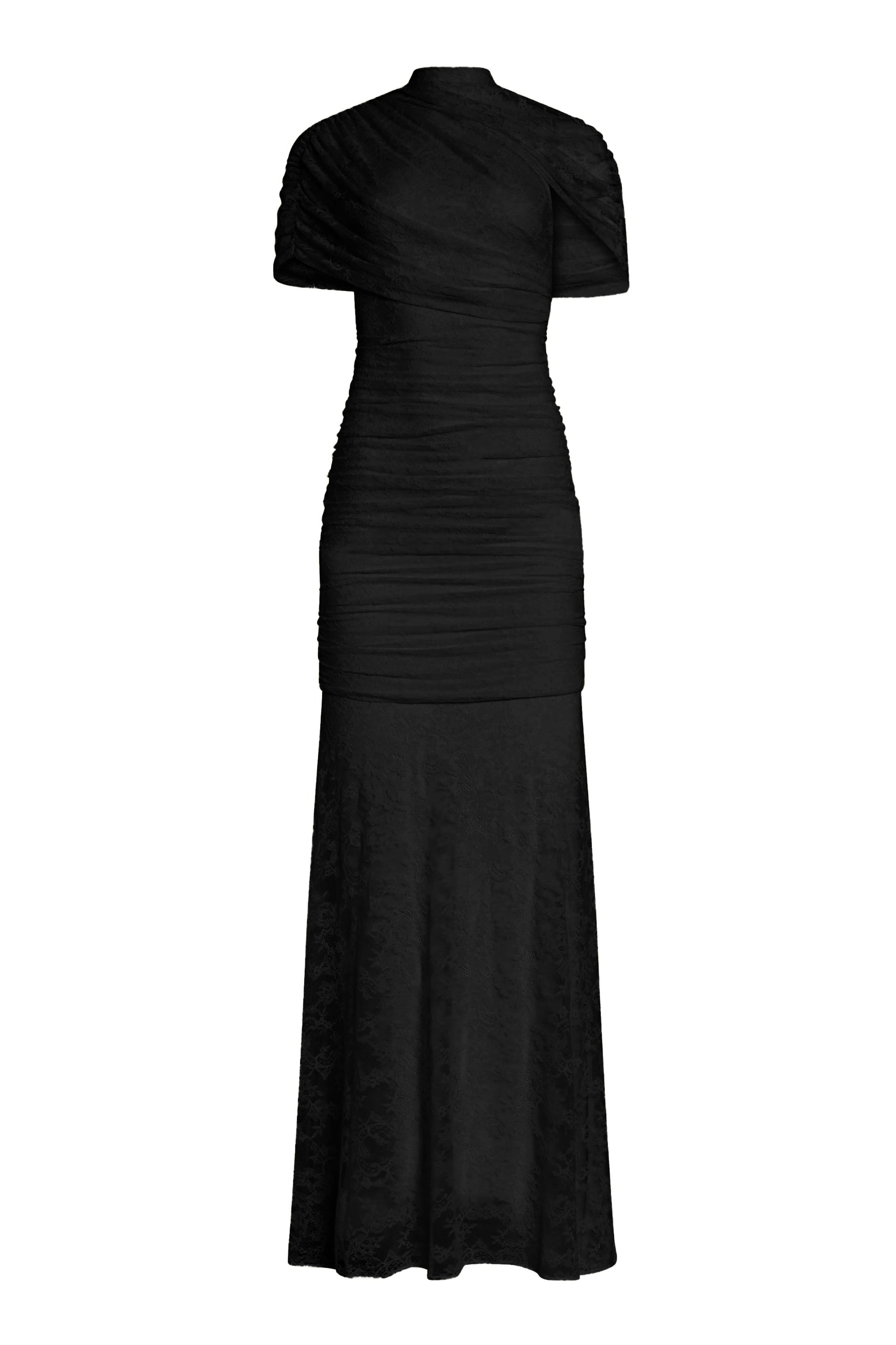 Sylphe Black Asymmetrical Ruched Lace Maxi Dress (Final Sale)
