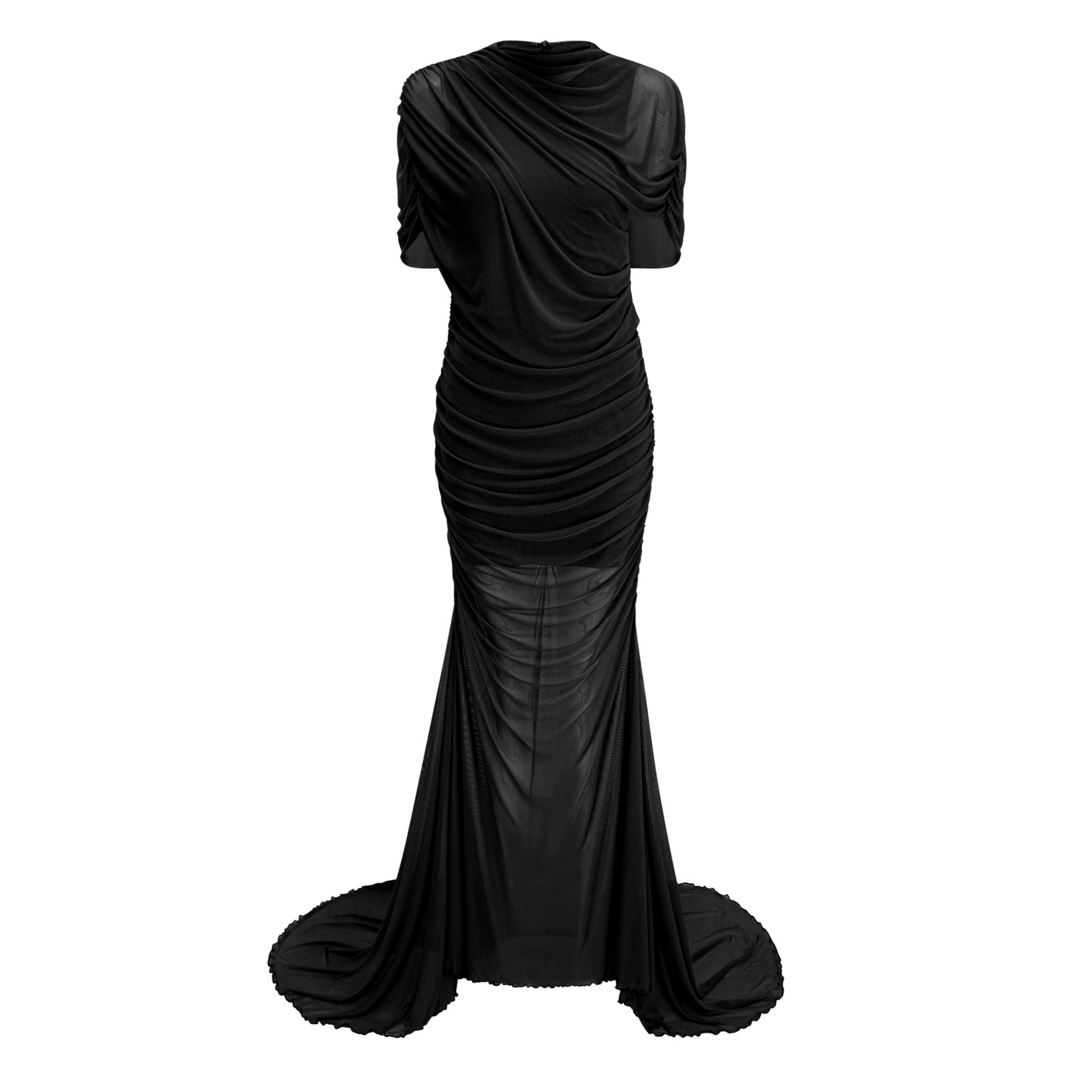 Sylphe Black Asymmetrical Ruched Mesh Maxi Dress (Final Sale-US Only)