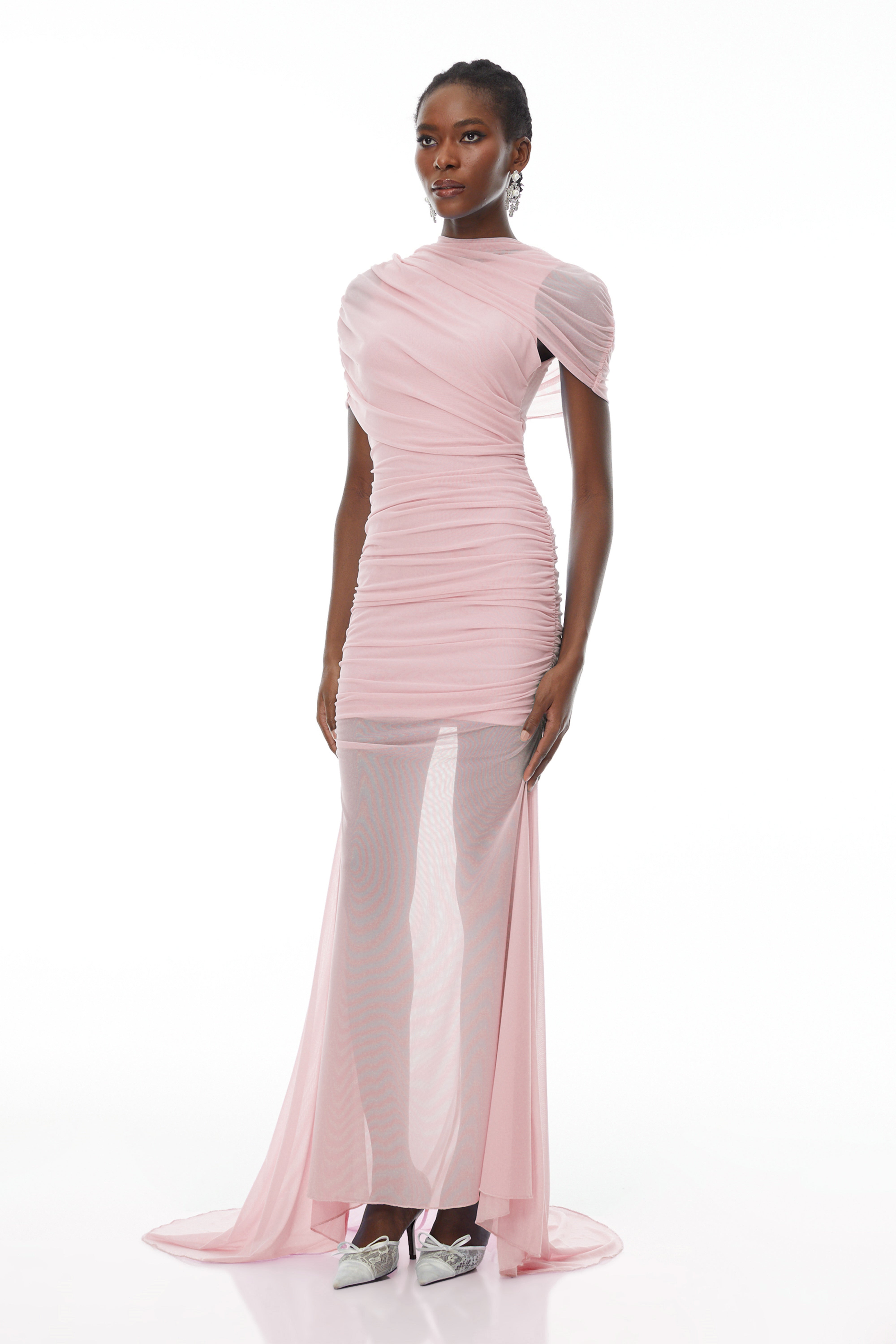 Sylphe Pink Asymmetrical Ruched Mesh Maxi Dress