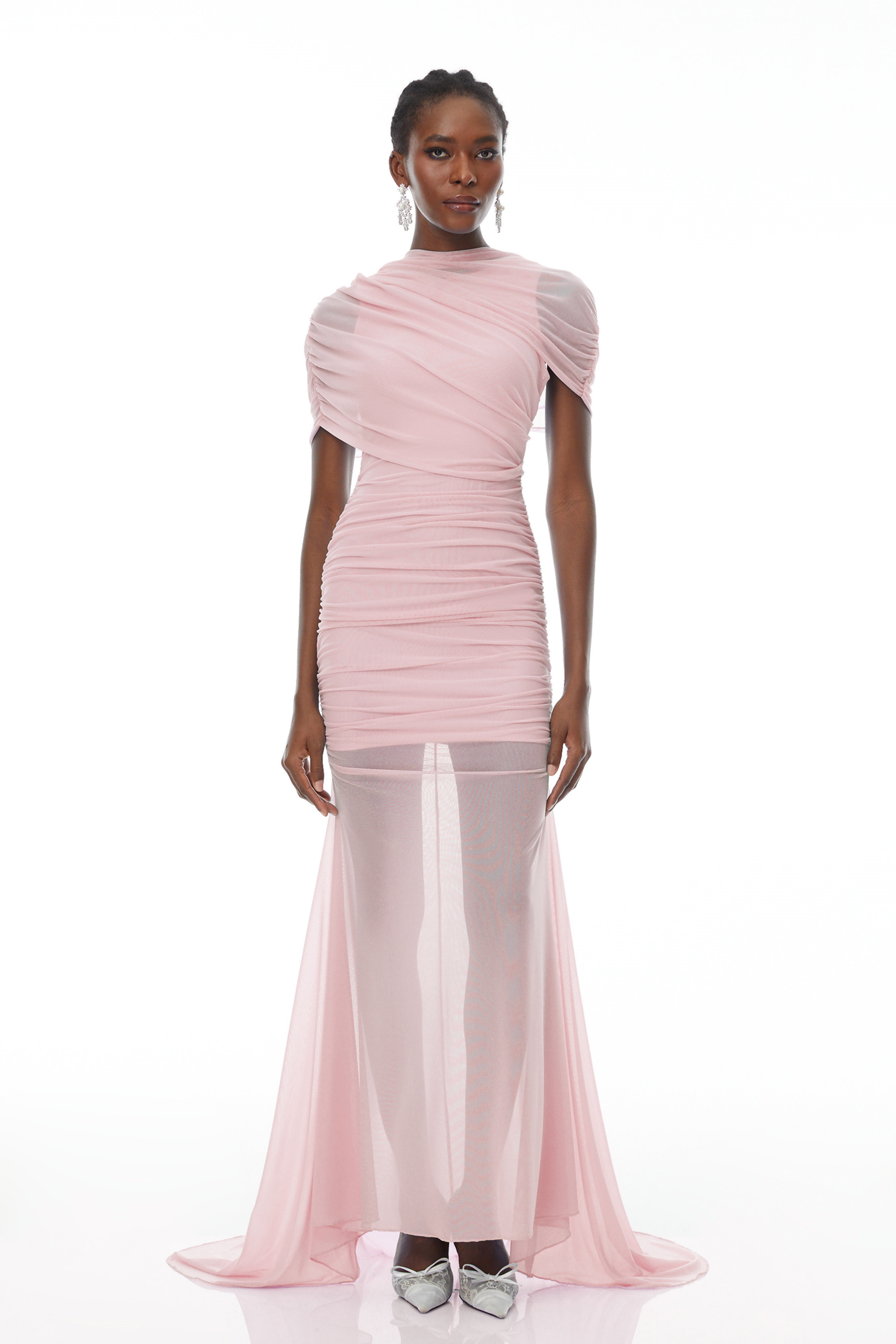 Sylphe Pink Asymmetrical Ruched Mesh Maxi Dress (Final Sale)