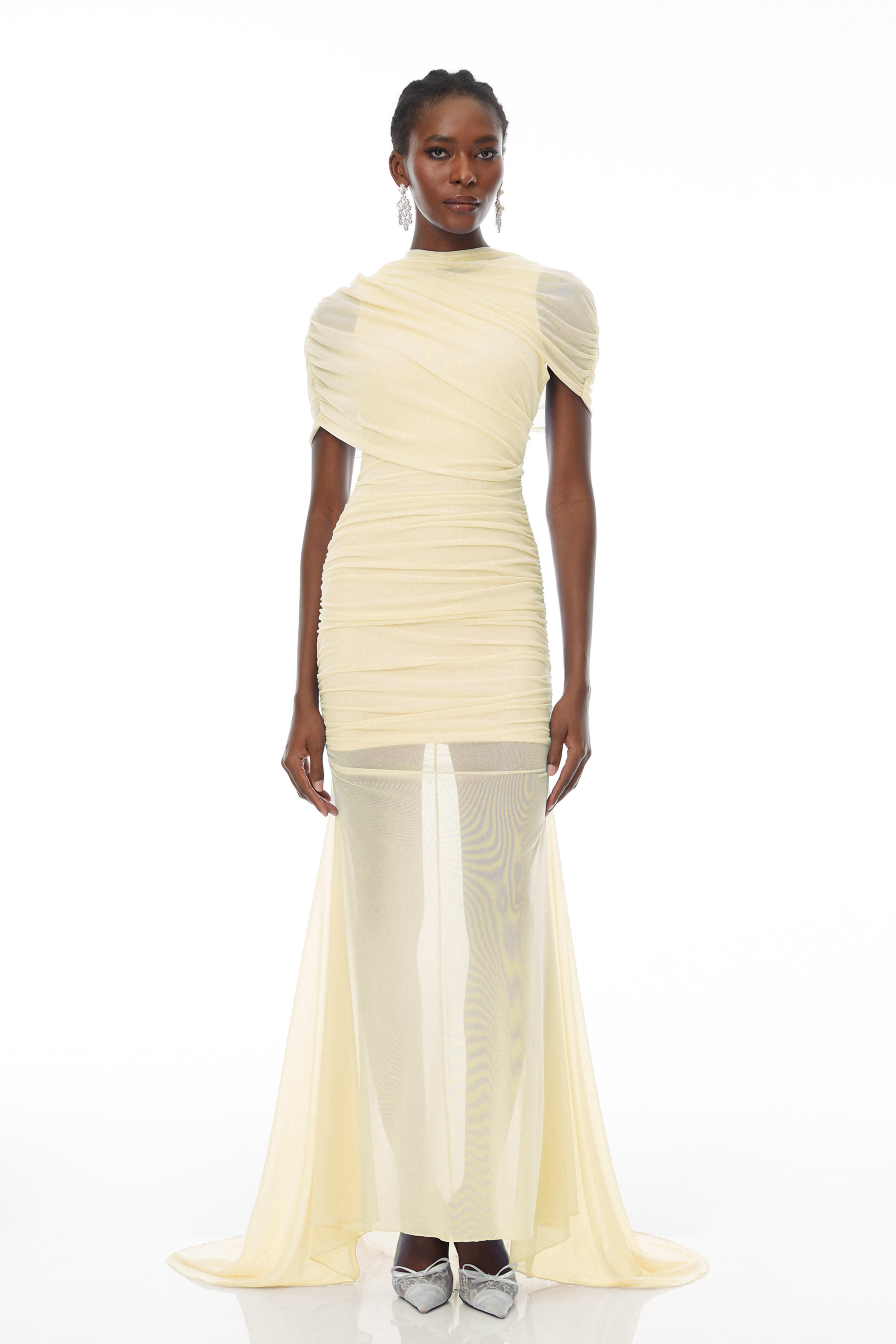 Sylphe Yellow Asymmetrical Ruched Mesh Maxi Dress