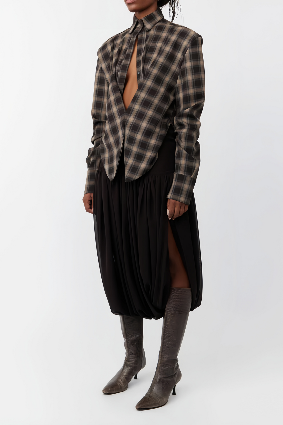 Amber Brown Plaid Tailored Cutout Blouse (Final Sale)