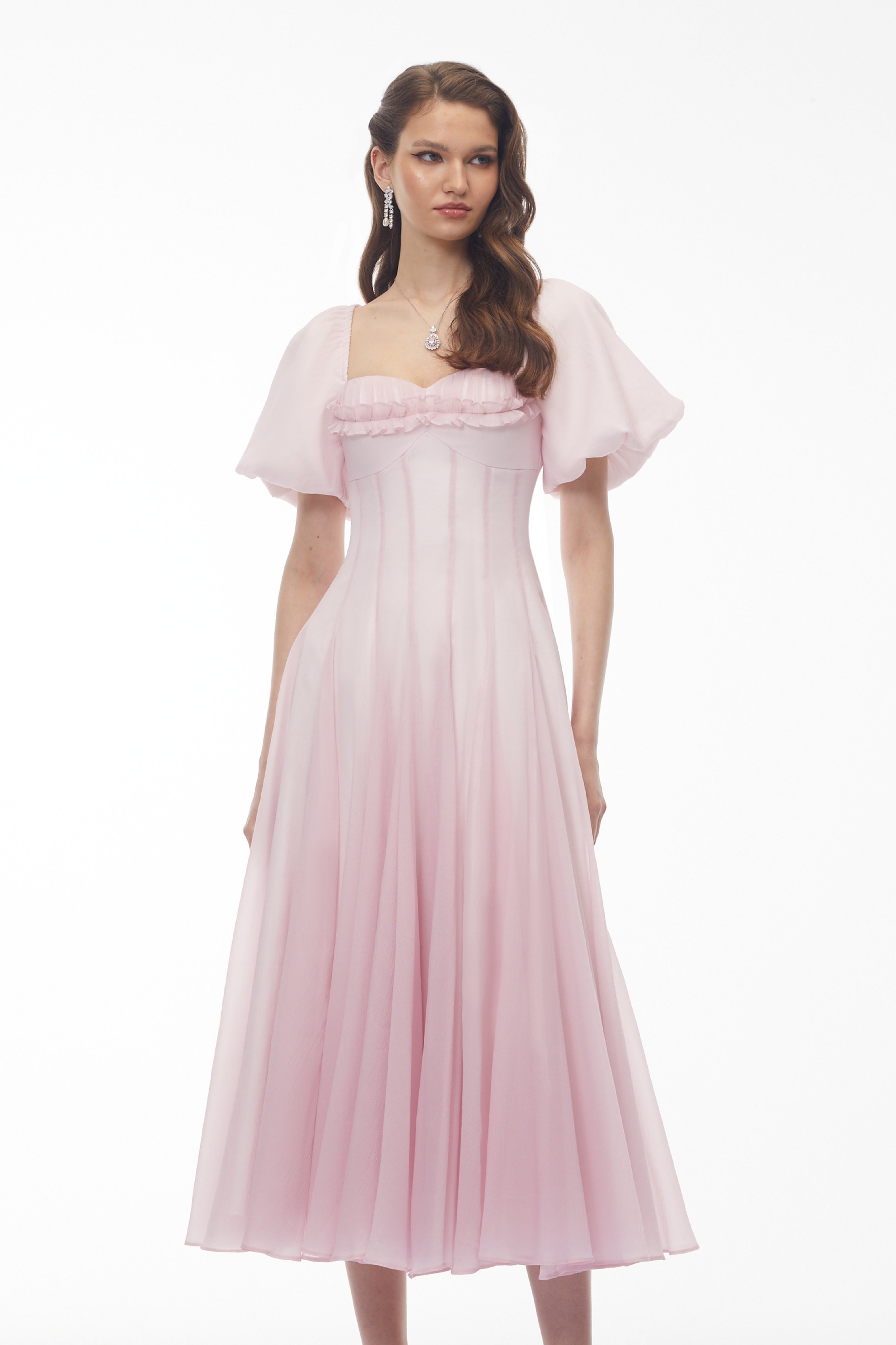 Tábata Pink Ruffled Pleated Midi Dress