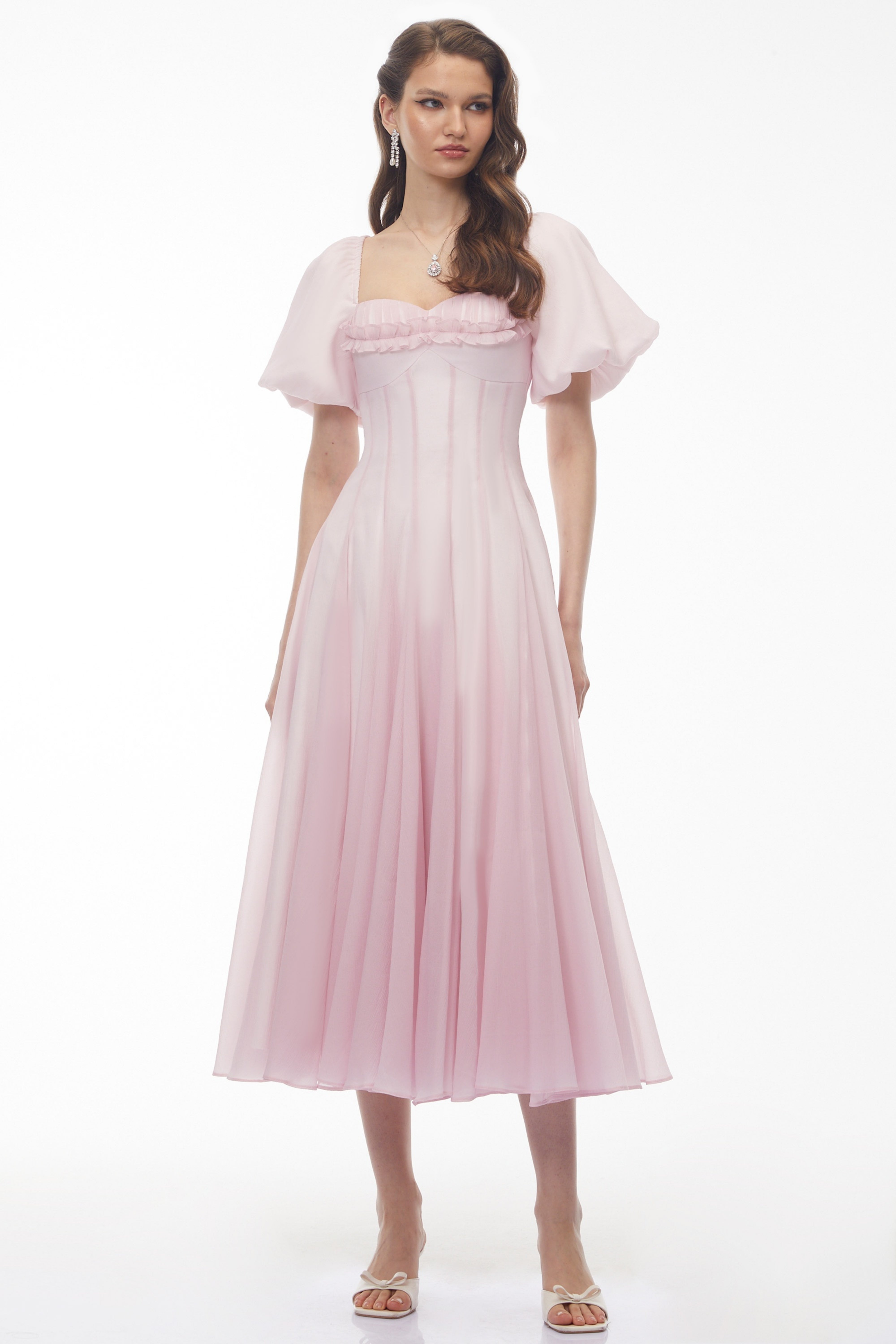 Tábata Pink Ruffled Pleated Midi Dress