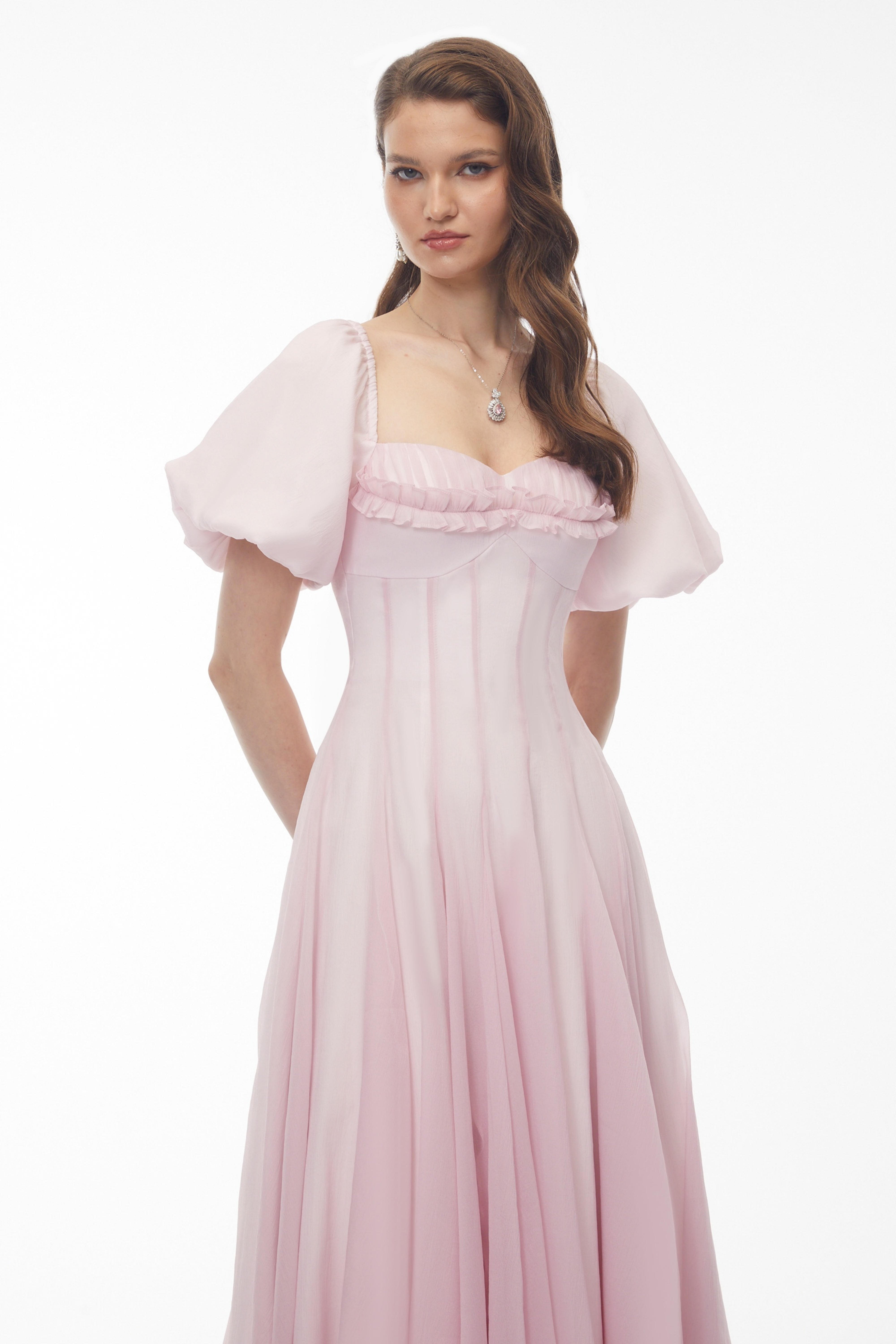 Tábata Pink Ruffled Pleated Midi Dress