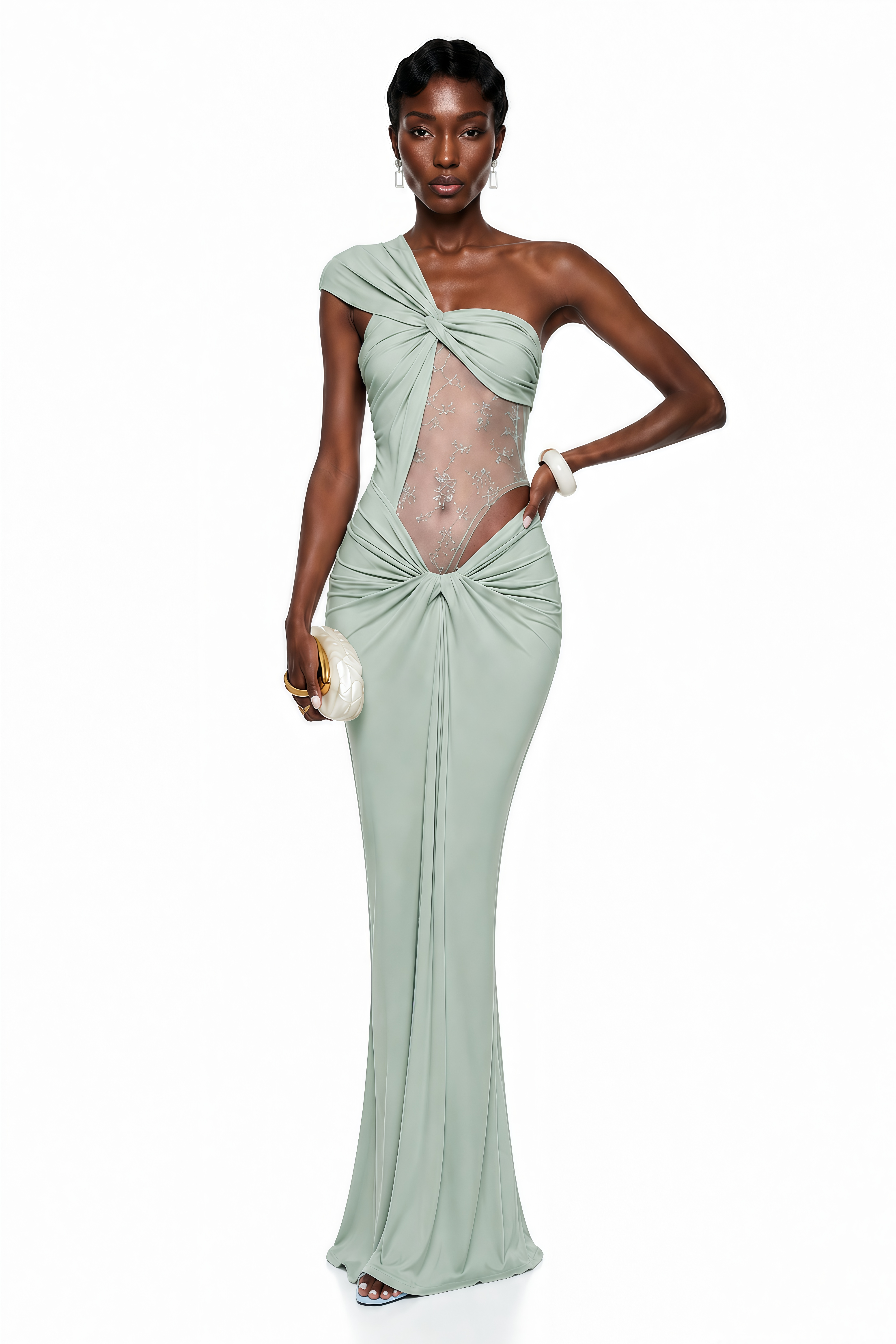 Tai Sage Green One Shoulder Lace Maxi Dress