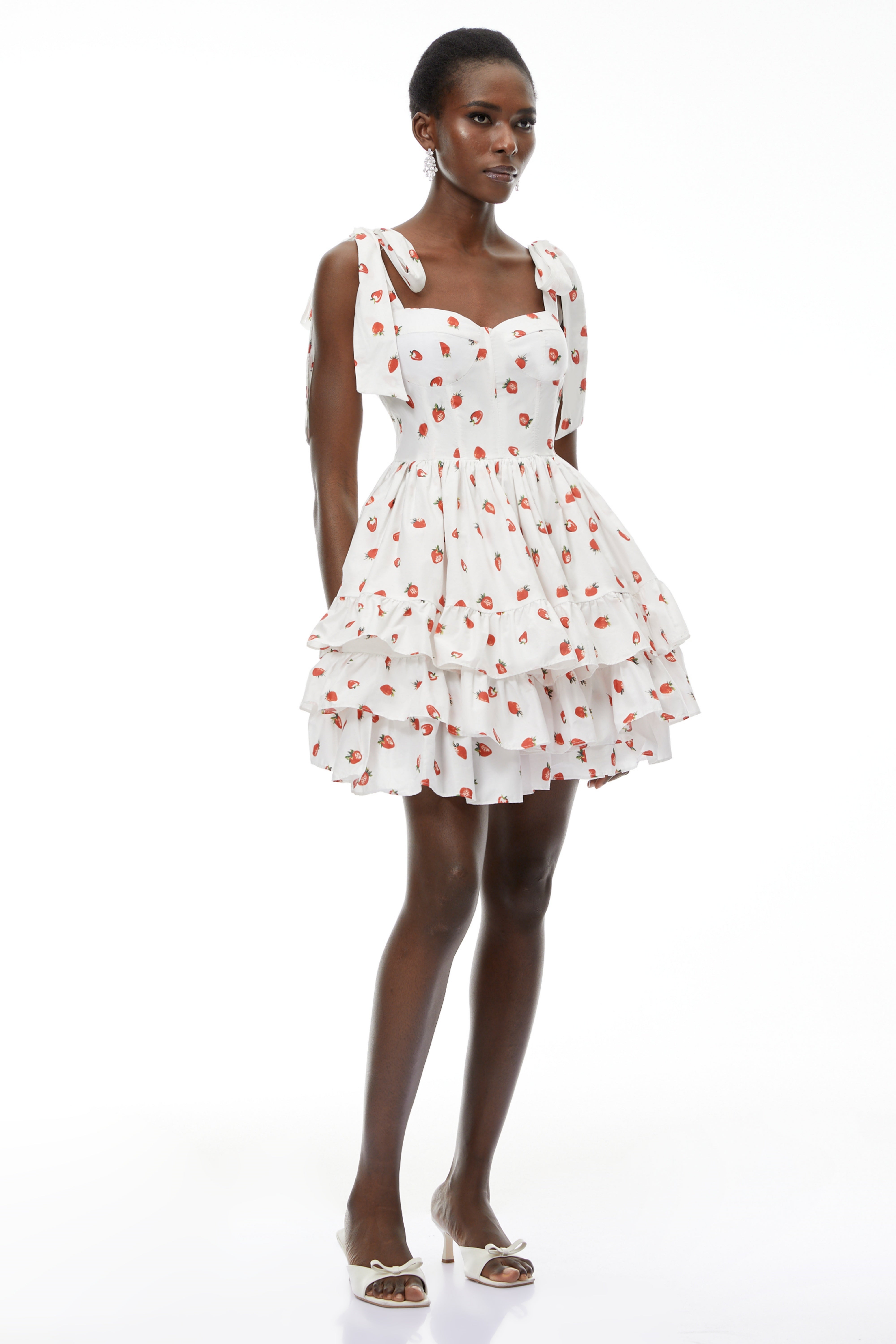 Tamara White Strawberry Print Tiered Mini Dress