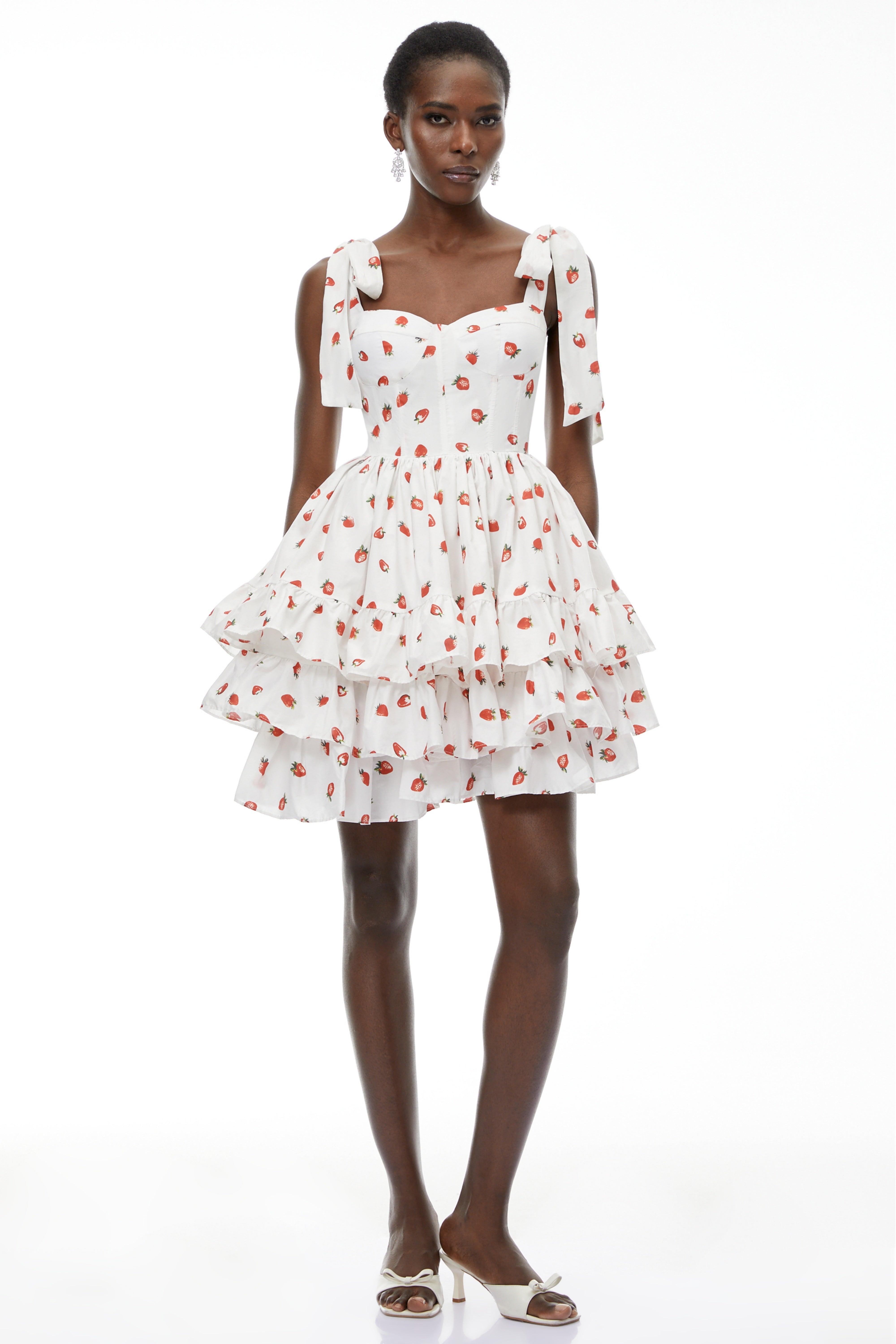 Tamara White Strawberry Print Tiered Mini Dress