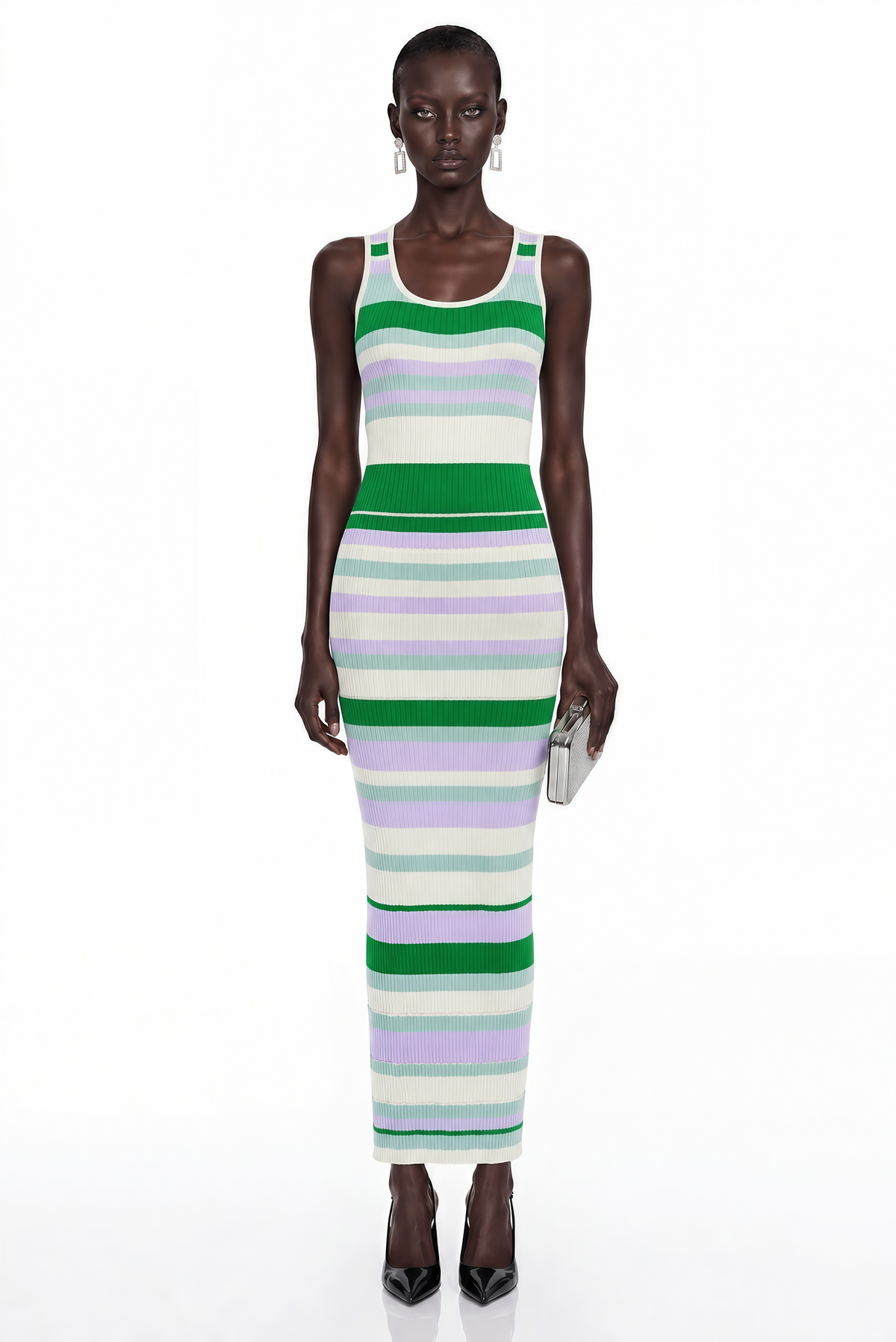Tanya Green Round Neck Horizontal Stripes Maxi Dress