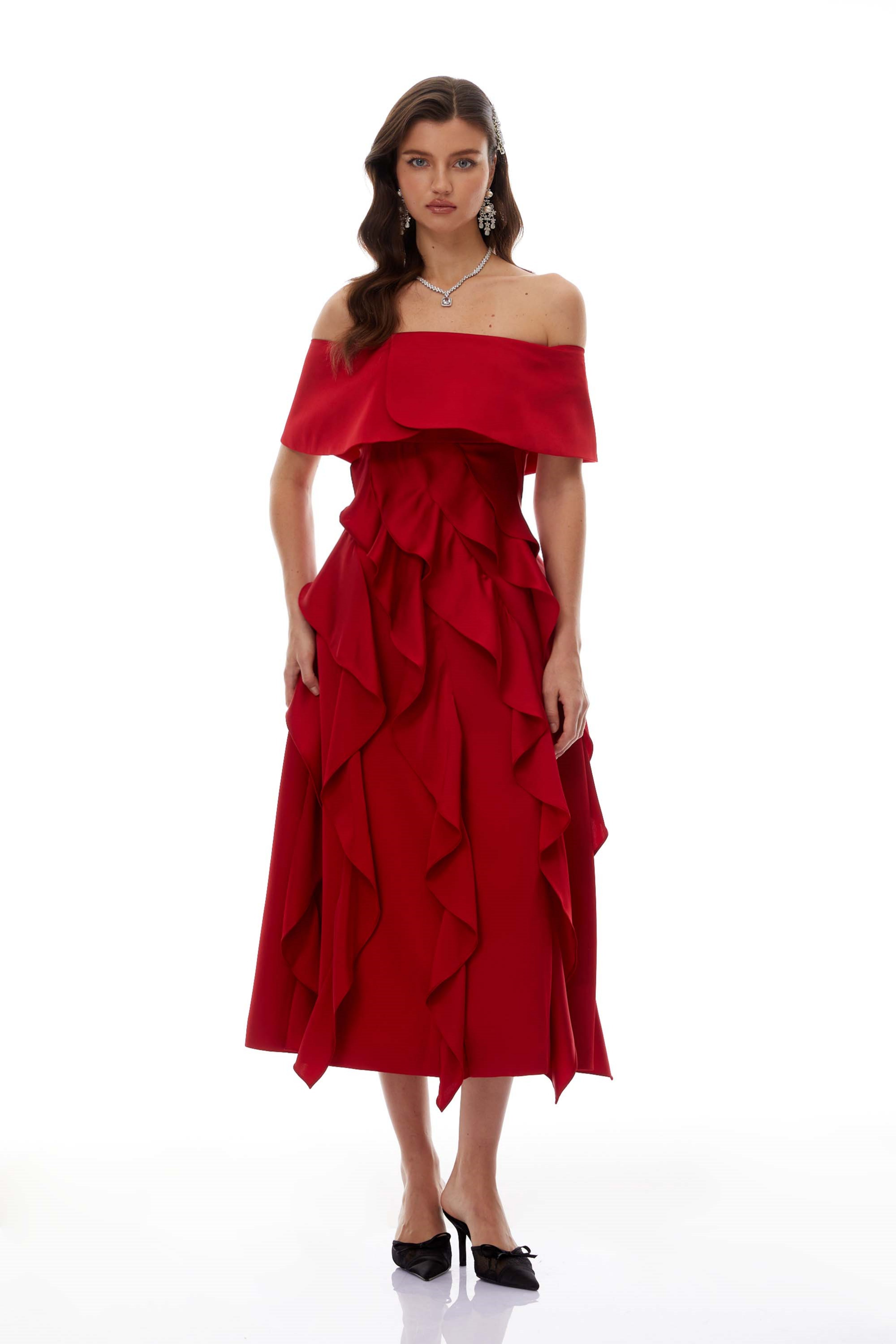 Tarjei Red Off-Shoulder Ruffled Midi Dress (Final Sale-US Only)