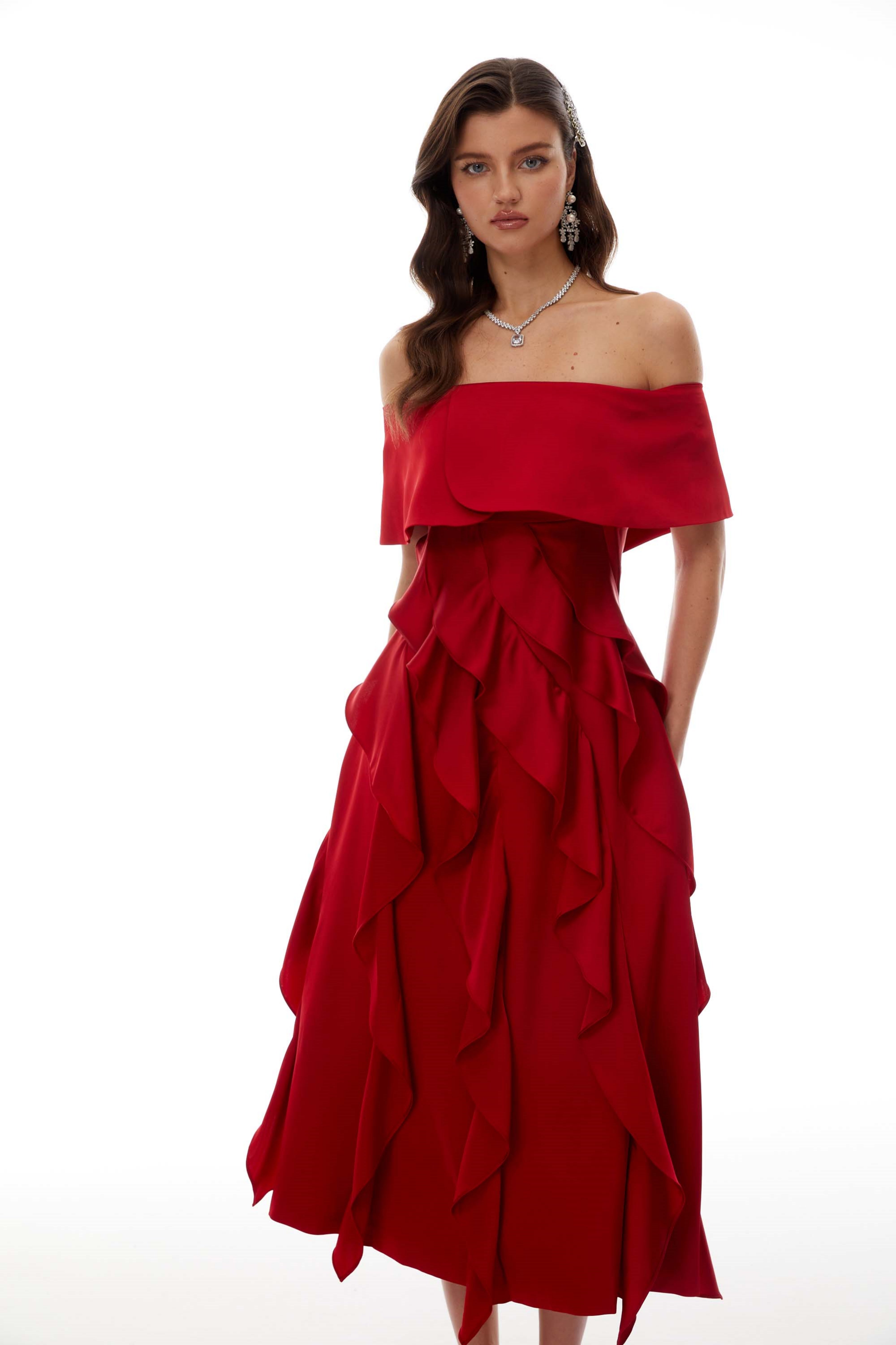Tarjei Red Off-Shoulder Ruffled Midi Dress (Final Sale-US Only)