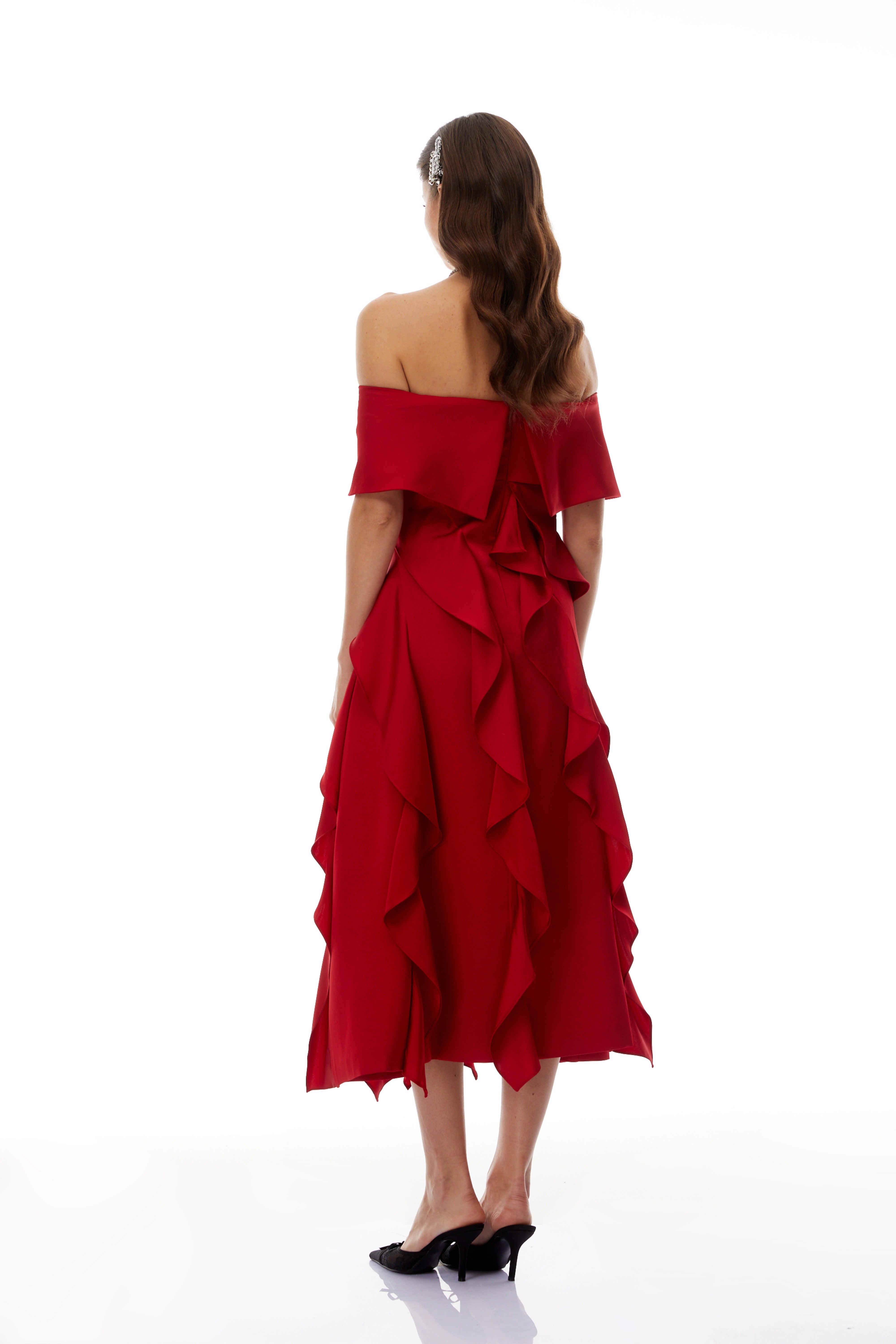 Tarjei Red Off-Shoulder Ruffled Midi Dress (Final Sale-US Only)