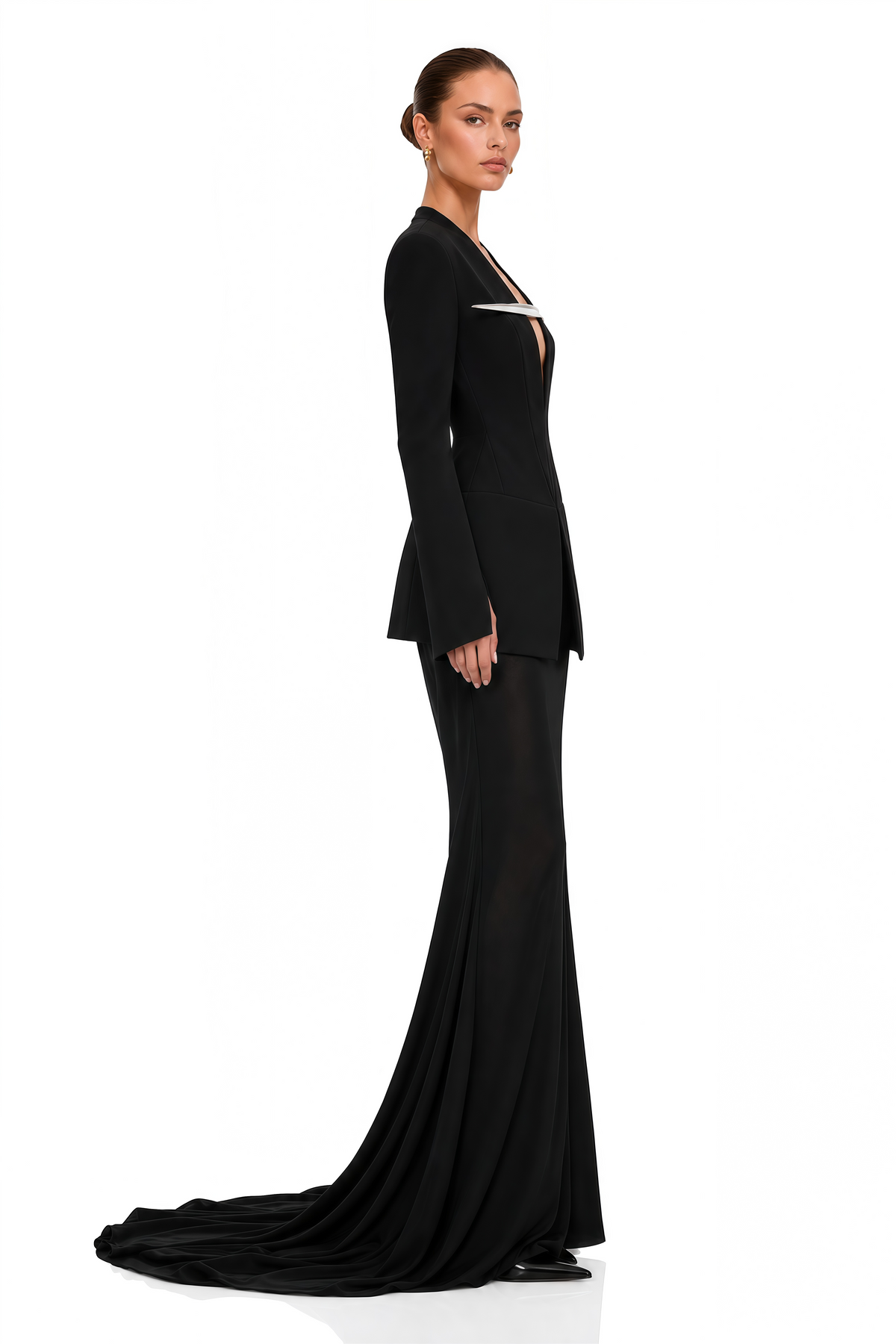 tasfiya black structured blazer & mermaid maxi skirt set
